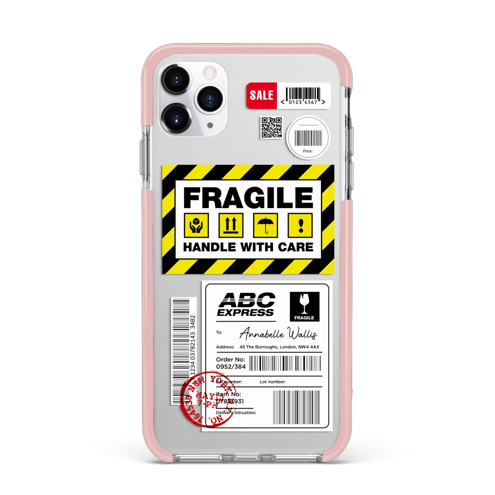 Fragile Courier Labels with Name iPhone 11 Pro Max Impact Pink Edge Case