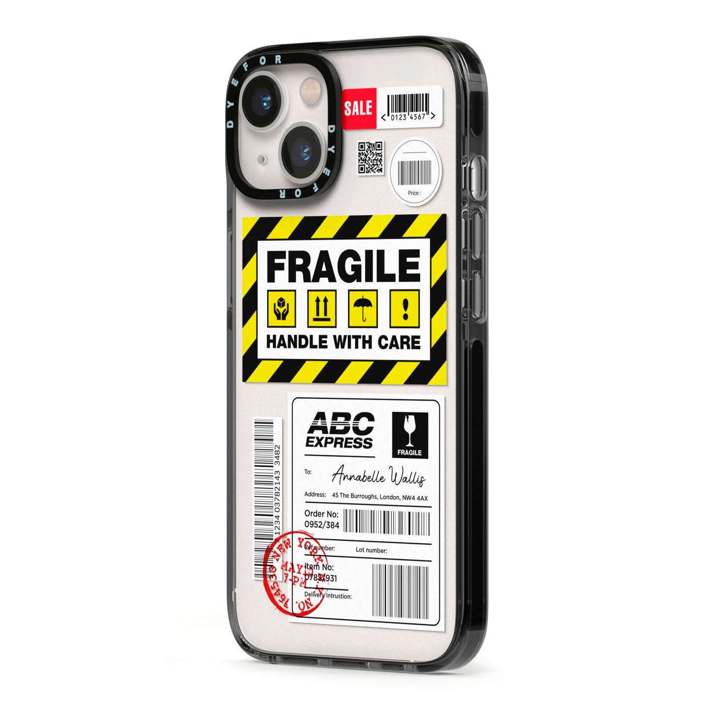 Fragile Courier Labels with Name iPhone 13 Black Impact Case Side Angle on Silver phone