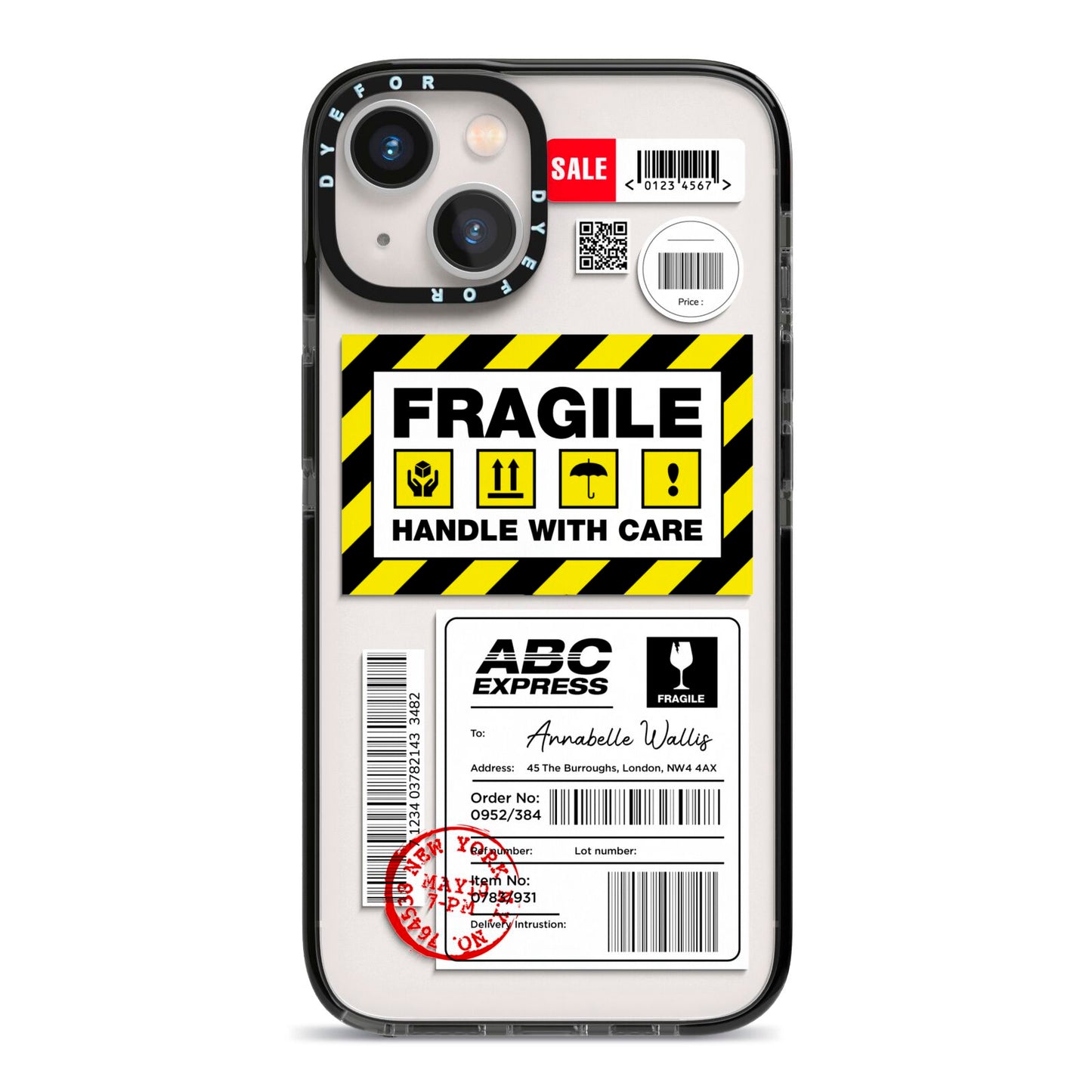 Fragile Courier Labels with Name iPhone 13 Black Impact Case on Silver phone