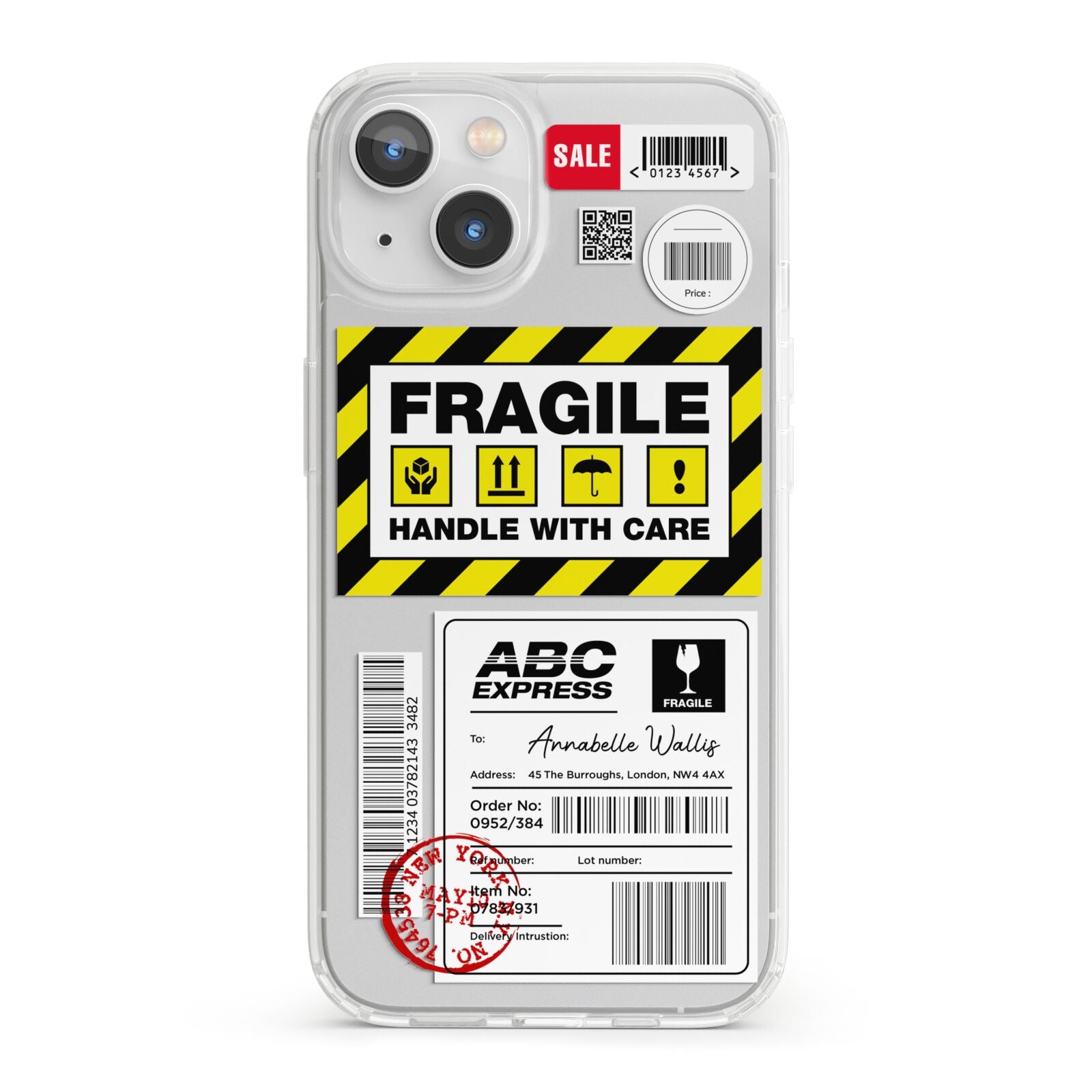 Fragile Courier Labels with Name iPhone 13 Clear Bumper Case