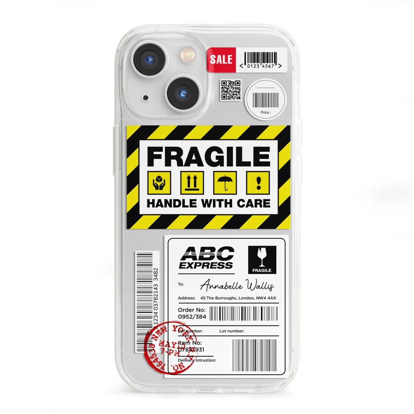 Fragile Courier Labels with Name iPhone 13 Mini Clear Bumper Case