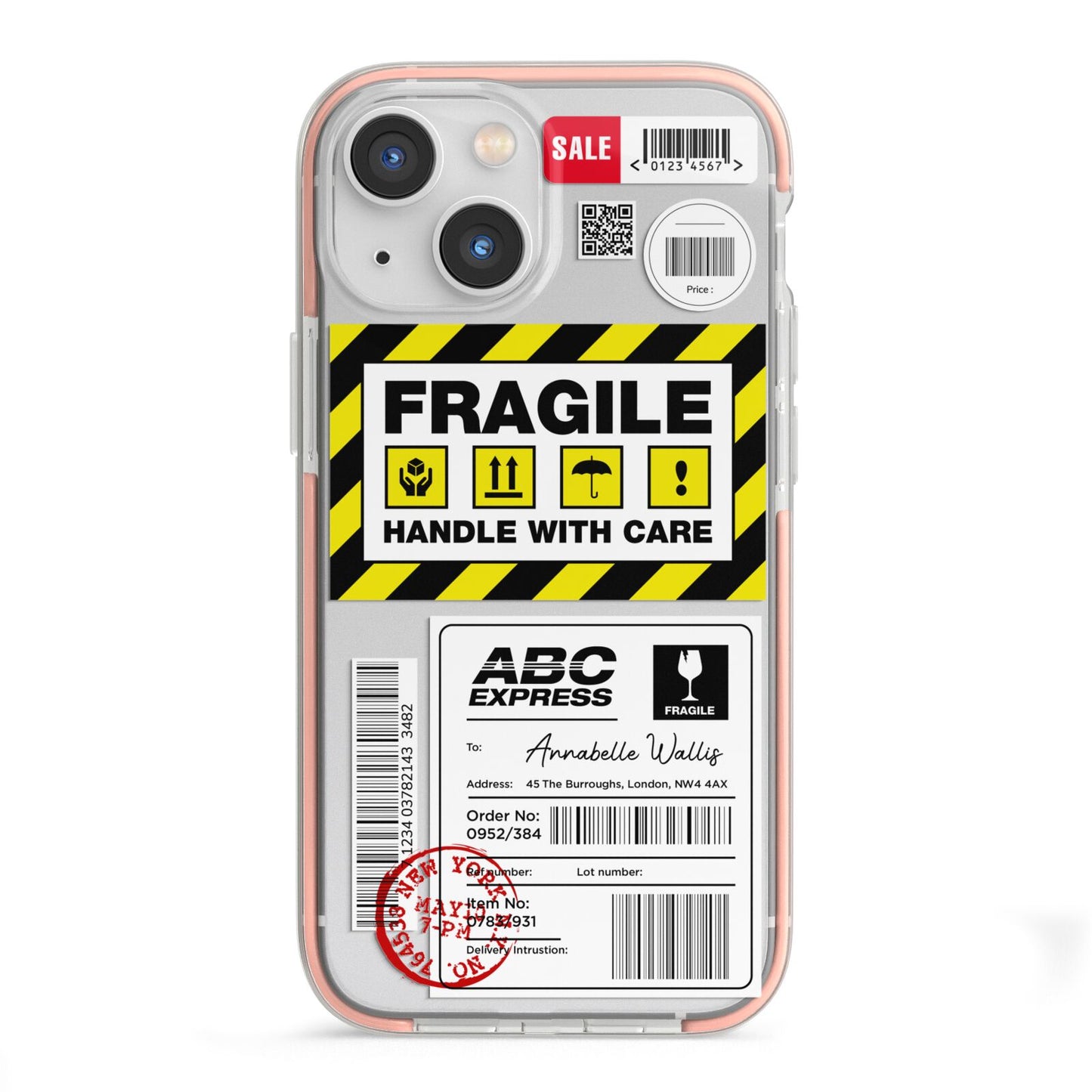 Fragile Courier Labels with Name iPhone 13 Mini TPU Impact Case with Pink Edges