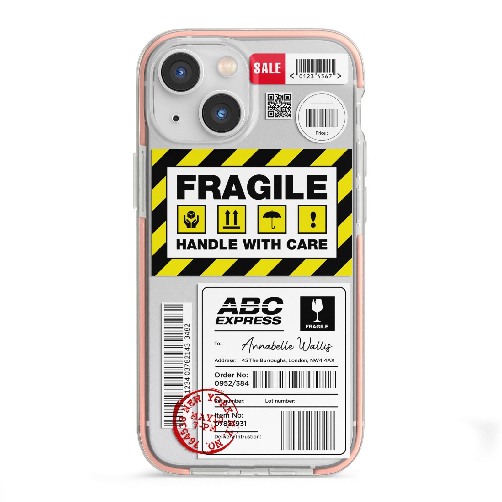 Fragile Courier Labels with Name iPhone 13 Mini TPU Impact Case with Pink Edges