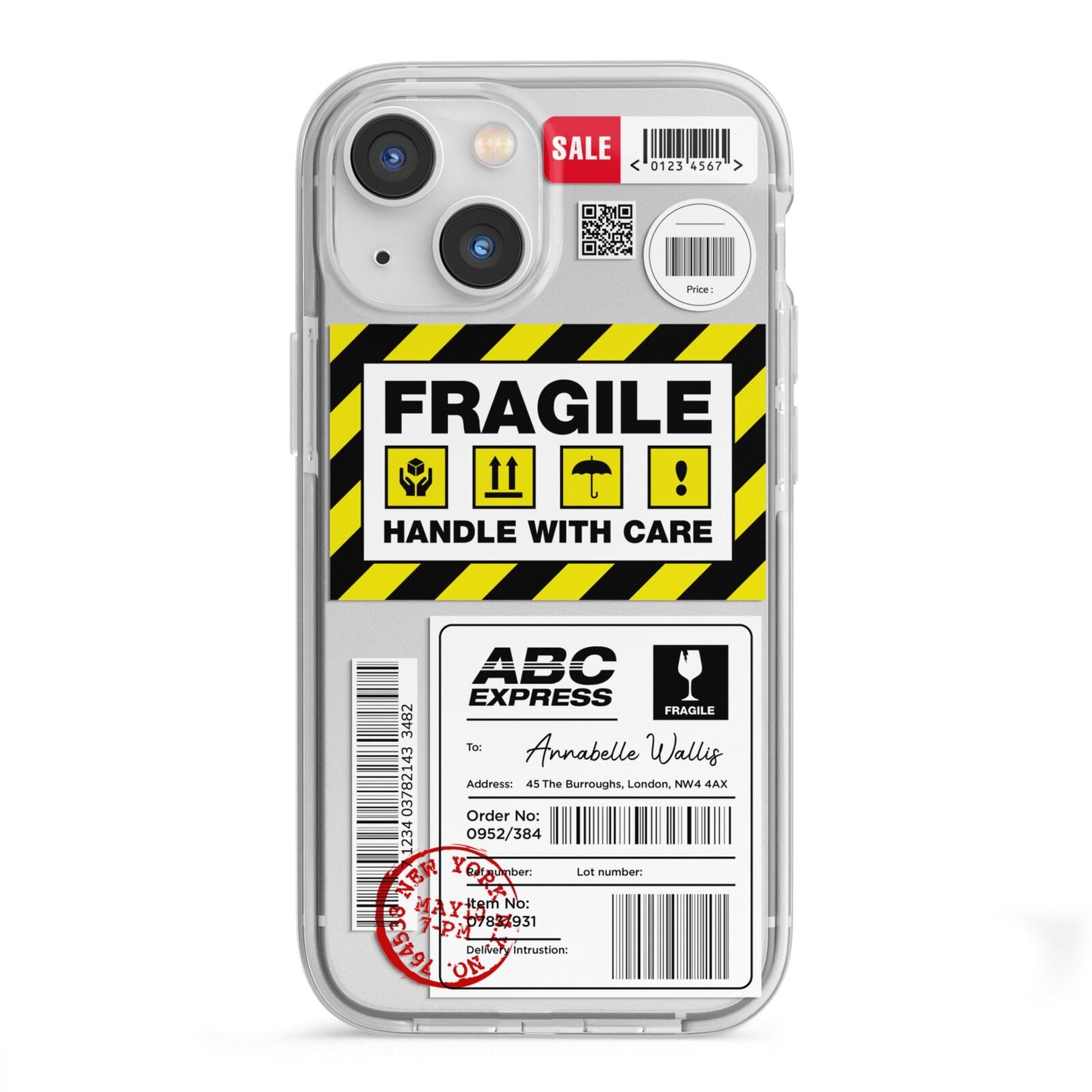 Fragile Courier Labels with Name iPhone 13 Mini TPU Impact Case with White Edges