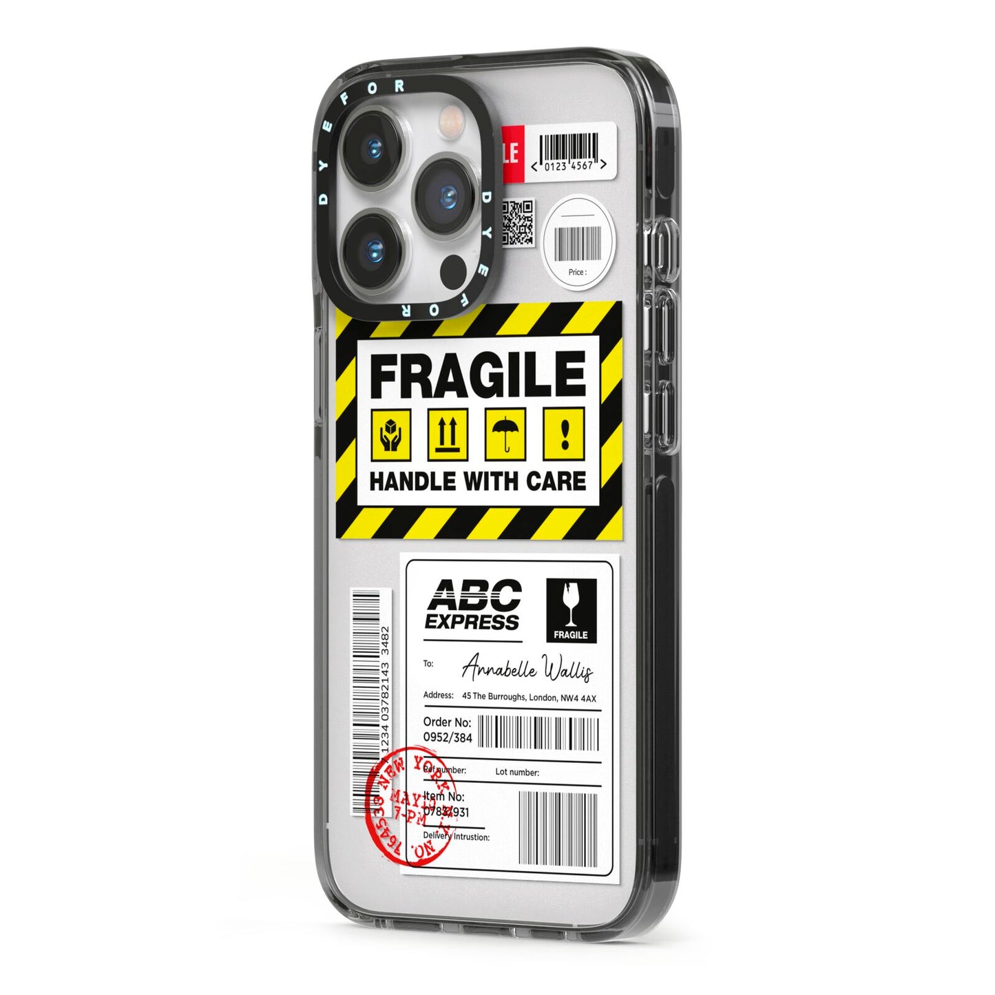 Fragile Courier Labels with Name iPhone 13 Pro Black Impact Case Side Angle on Silver phone