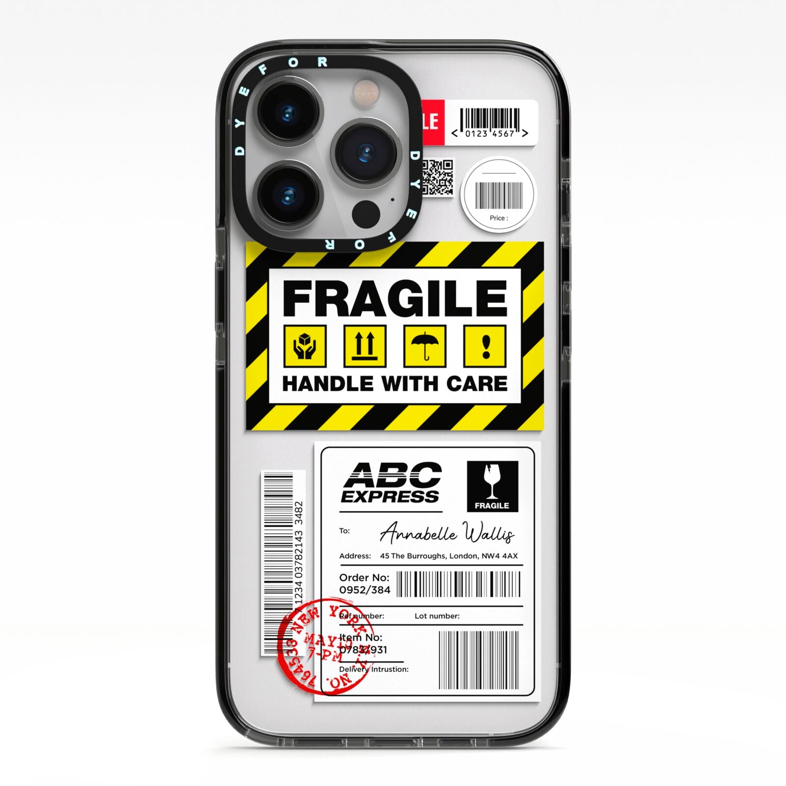 Fragile Courier Labels with Name iPhone 13 Pro Black Impact Case on Silver phone