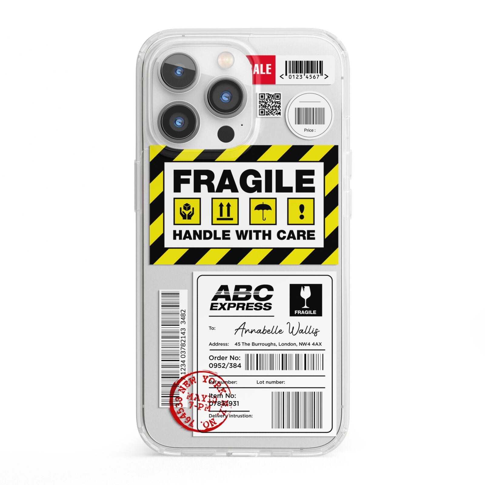 Fragile Courier Labels with Name iPhone 13 Pro Clear Bumper Case