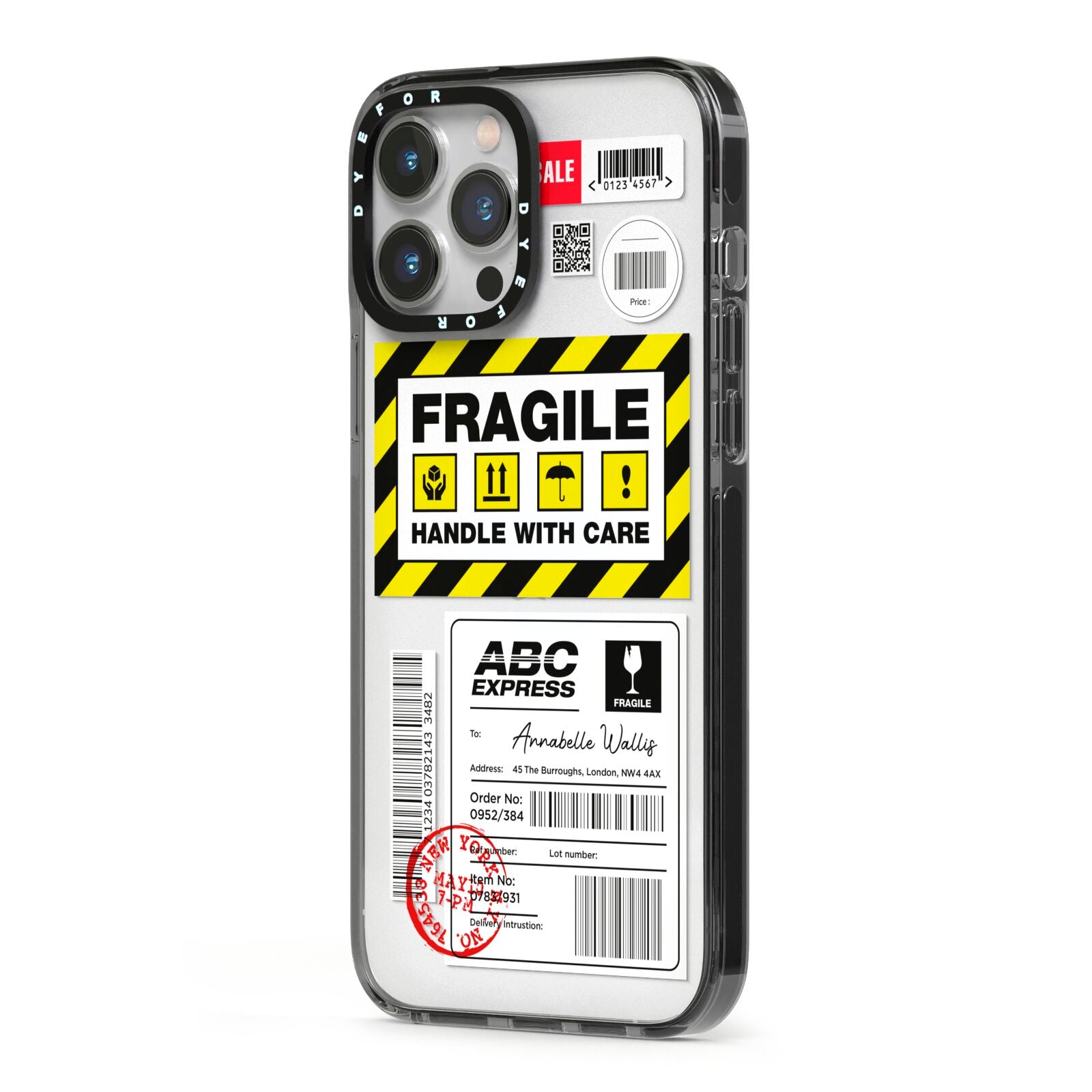 Fragile Courier Labels with Name iPhone 13 Pro Max Black Impact Case Side Angle on Silver phone