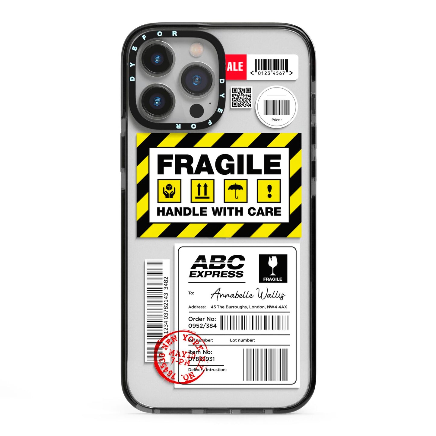 Fragile Courier Labels with Name iPhone 13 Pro Max Black Impact Case on Silver phone