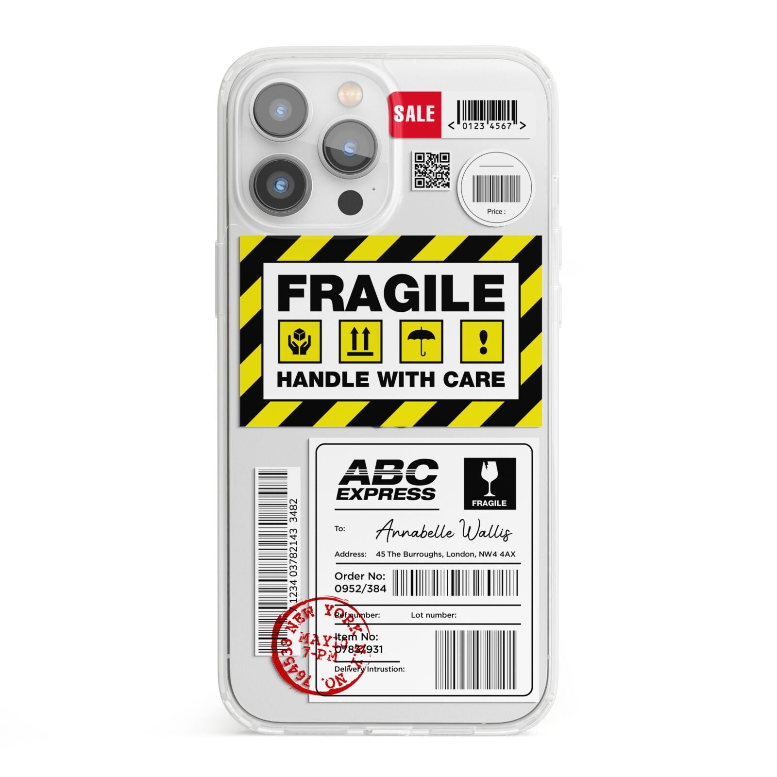 Fragile Courier Labels with Name iPhone 13 Pro Max Clear Bumper Case