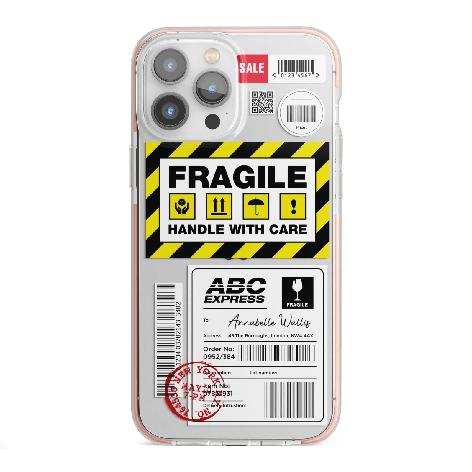 Fragile Courier Labels with Name iPhone 13 Pro Max TPU Impact Case with Pink Edges