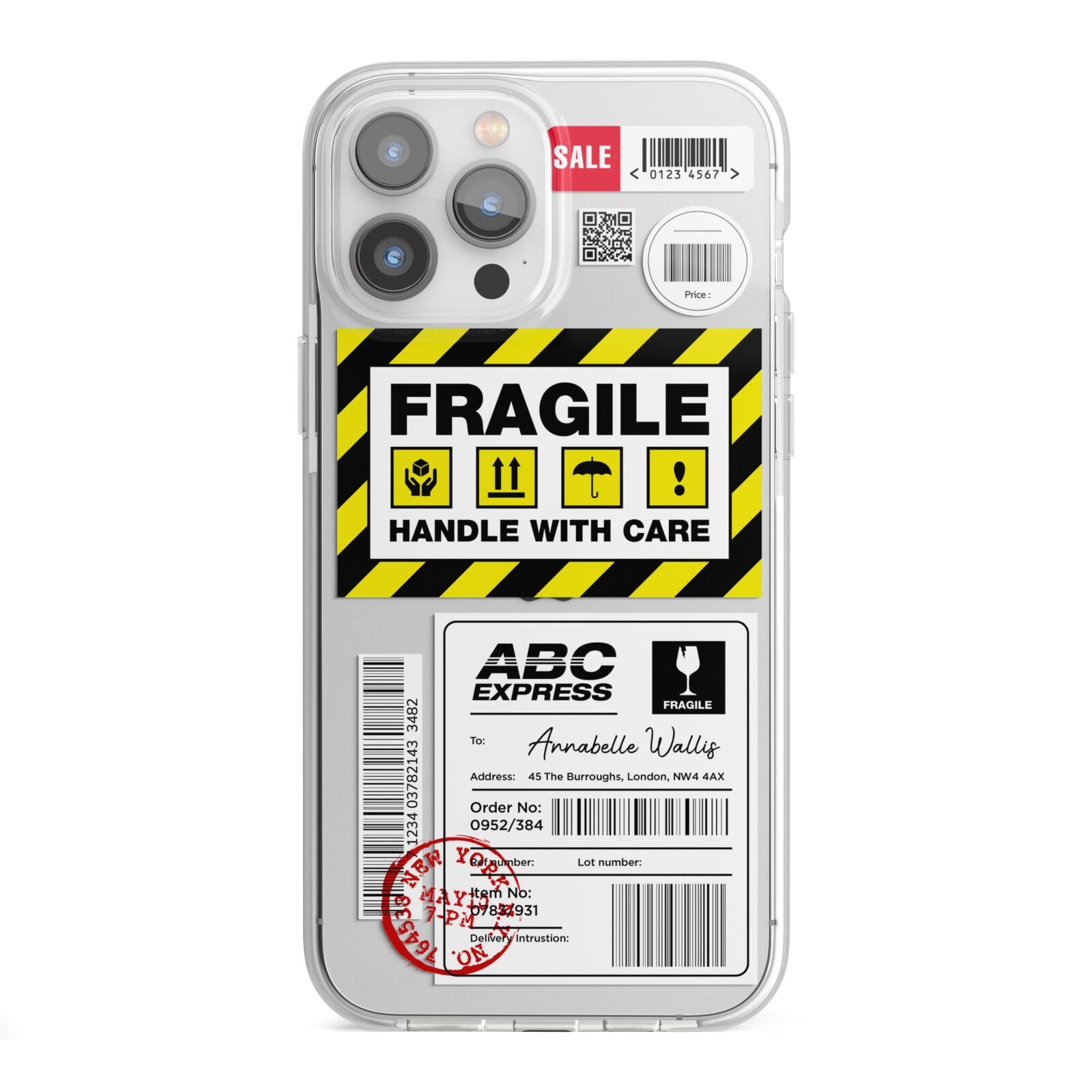 Fragile Courier Labels with Name iPhone 13 Pro Max TPU Impact Case with White Edges