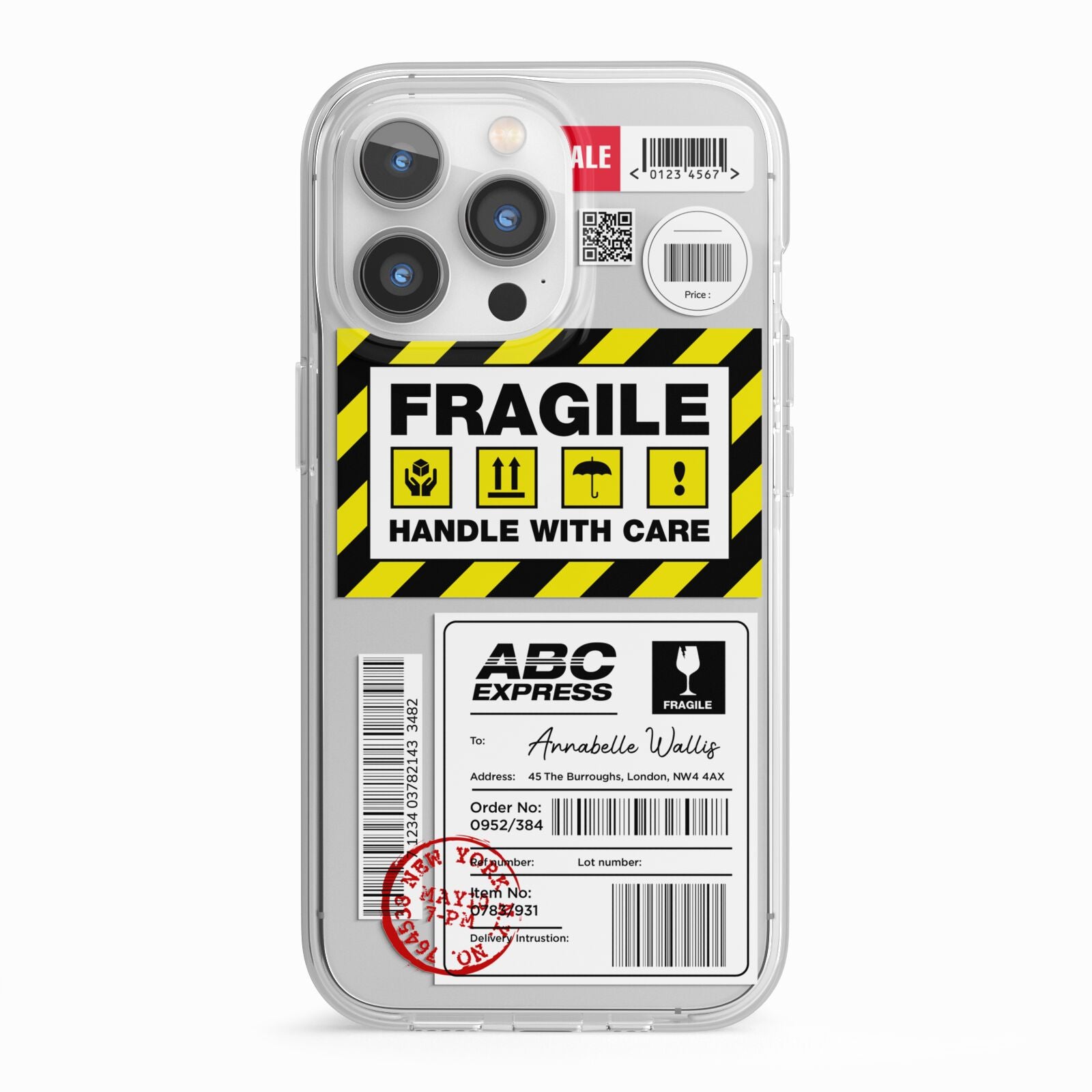 Fragile Courier Labels with Name iPhone 13 Pro TPU Impact Case with White Edges