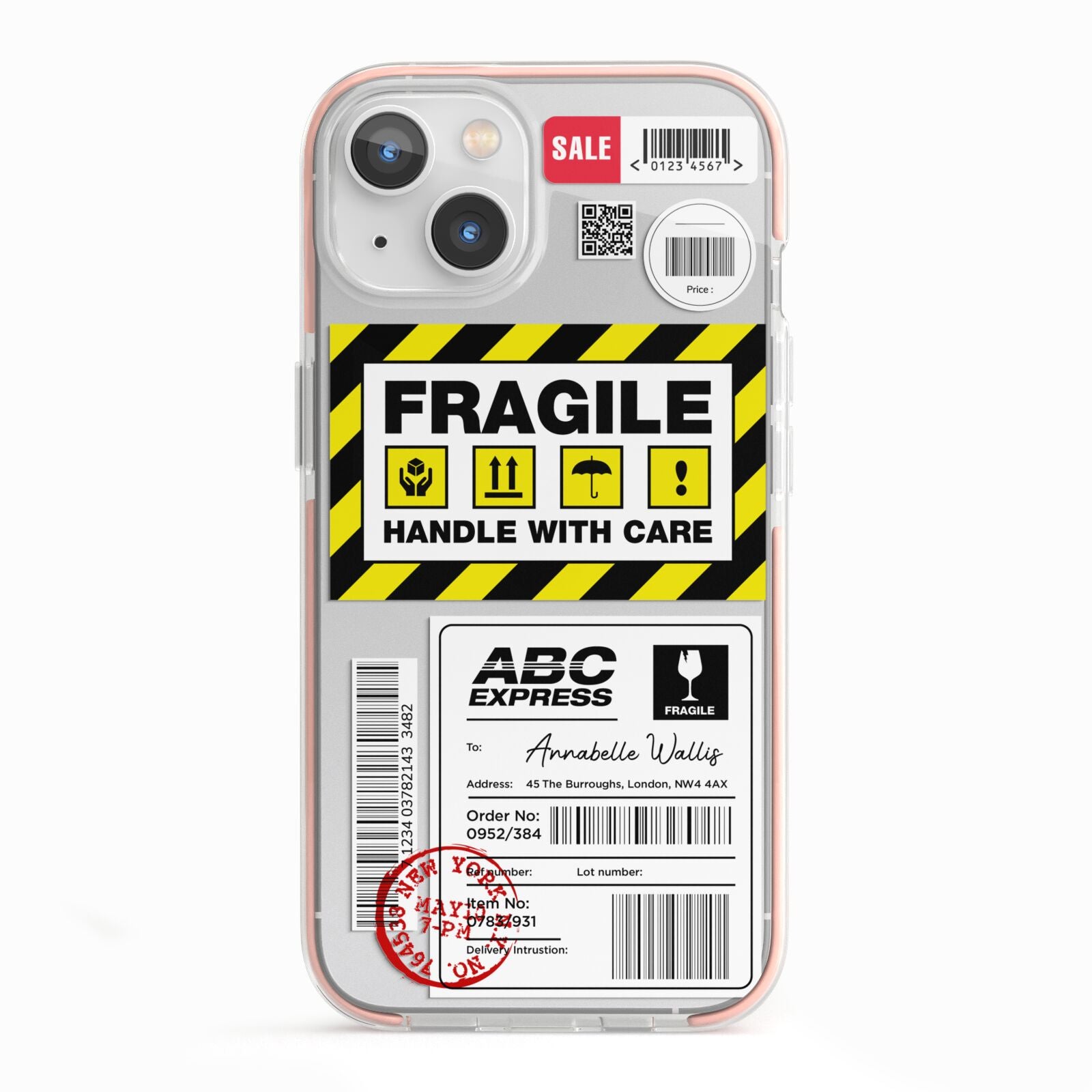 Fragile Courier Labels with Name iPhone 13 TPU Impact Case with Pink Edges