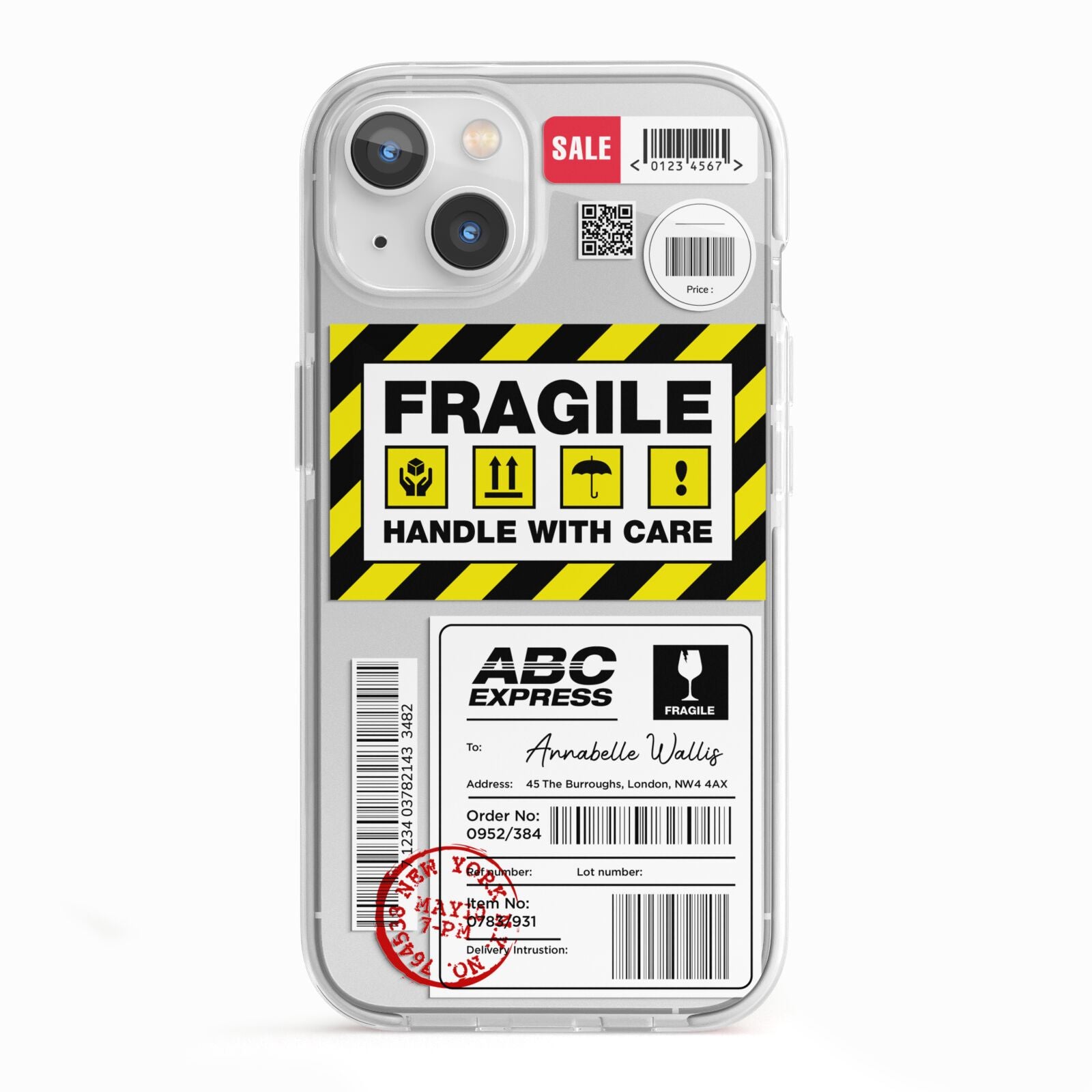 Fragile Courier Labels with Name iPhone 13 TPU Impact Case with White Edges