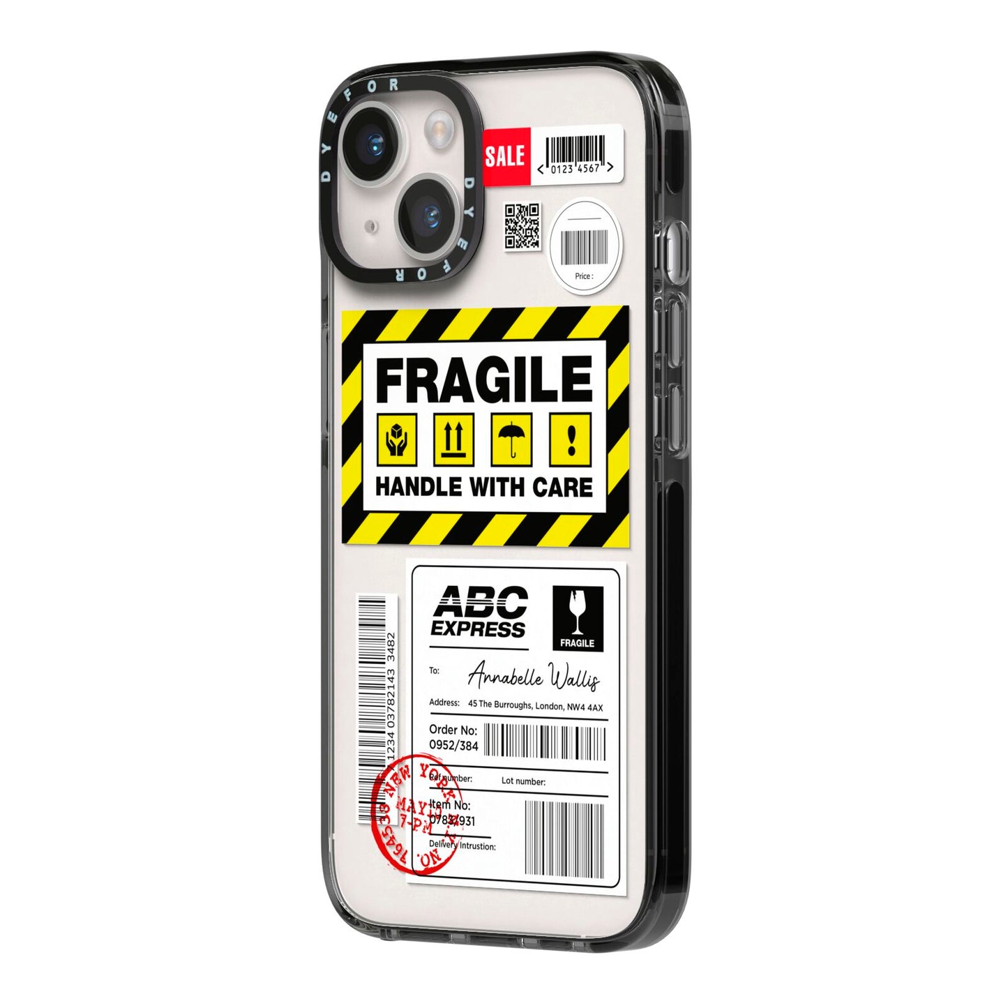 Fragile Courier Labels with Name iPhone 14 Black Impact Case Side Angle on Silver phone