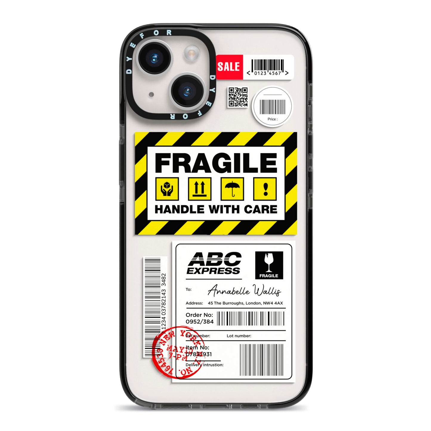 Fragile Courier Labels with Name iPhone 14 Black Impact Case on Silver phone