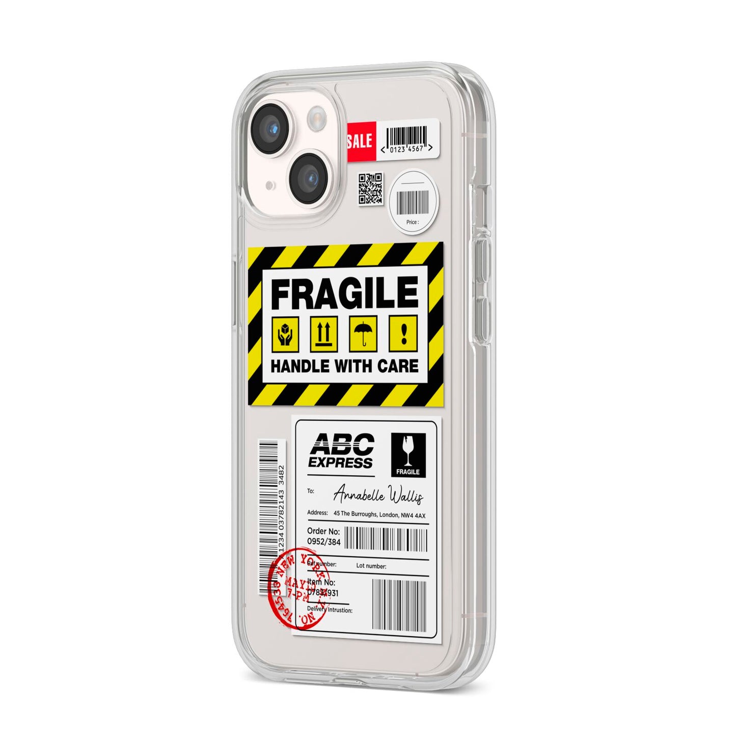 Fragile Courier Labels with Name iPhone 14 Clear Tough Case Starlight Angled Image