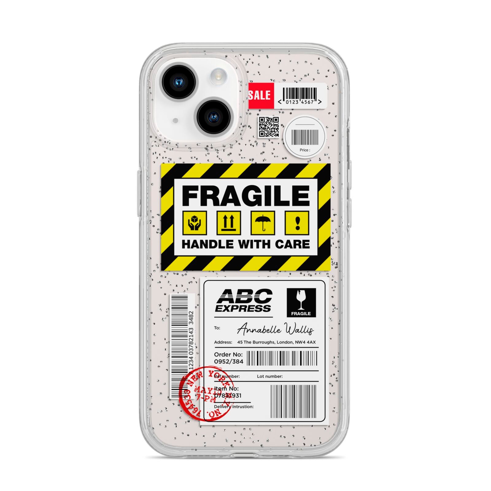 Fragile Courier Labels with Name iPhone 14 Glitter Tough Case Starlight