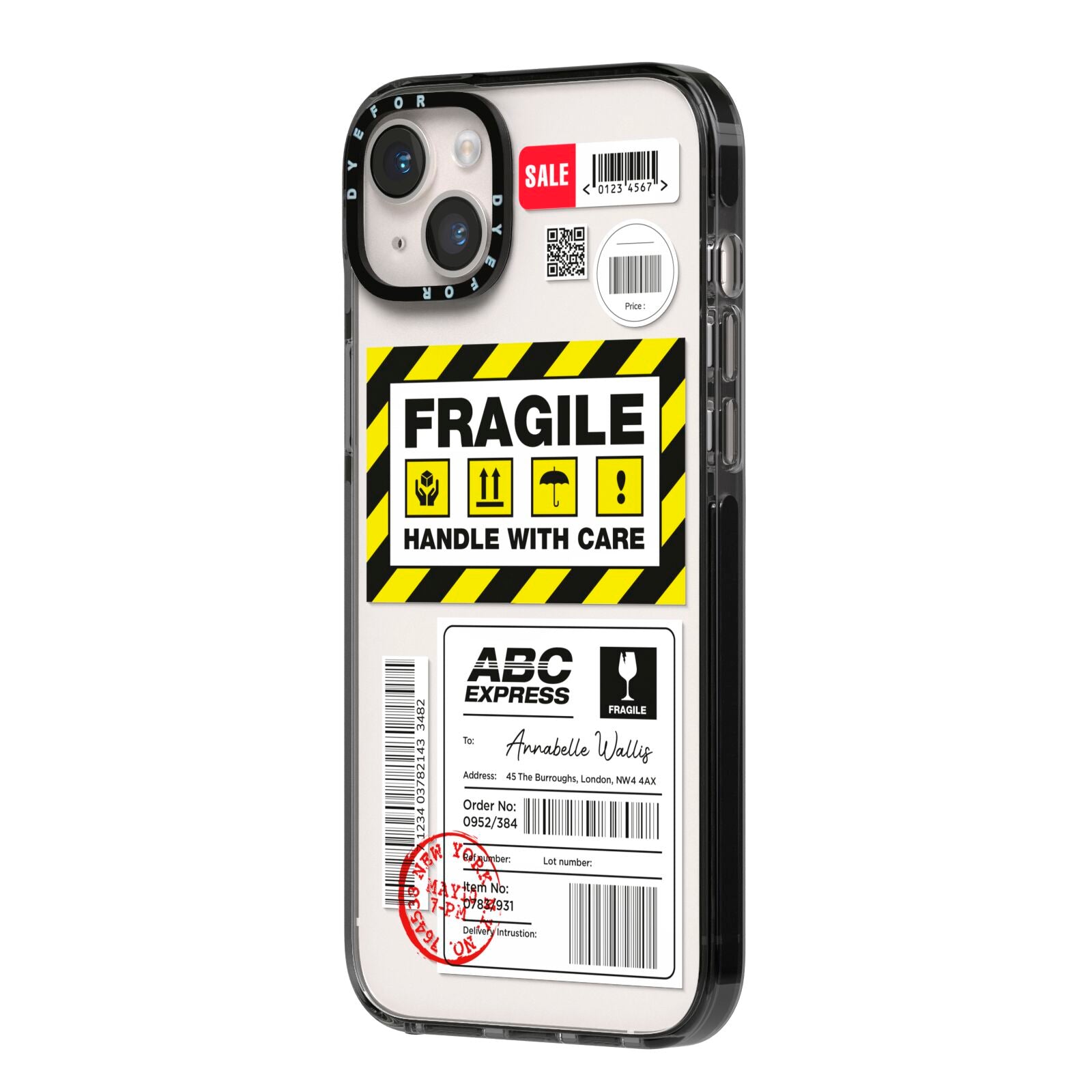 Fragile Courier Labels with Name iPhone 14 Plus Black Impact Case Side Angle on Silver phone