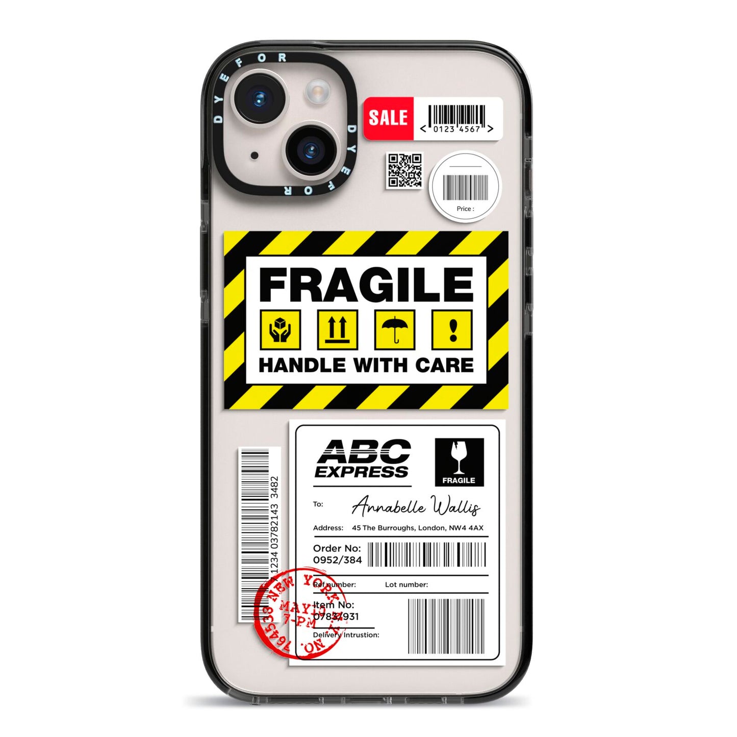 Fragile Courier Labels with Name iPhone 14 Plus Black Impact Case on Silver phone