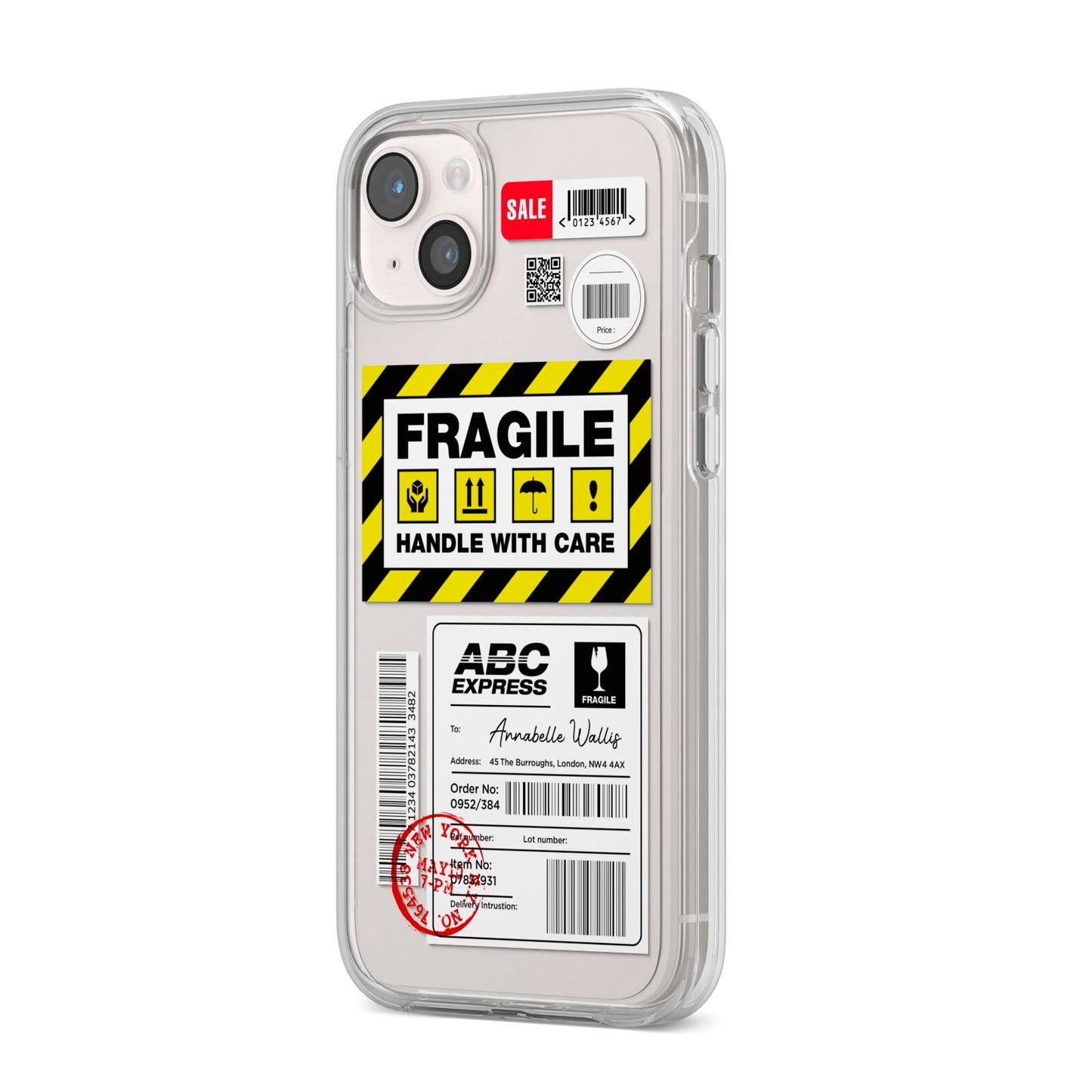 Fragile Courier Labels with Name iPhone 14 Plus Clear Tough Case Starlight Angled Image