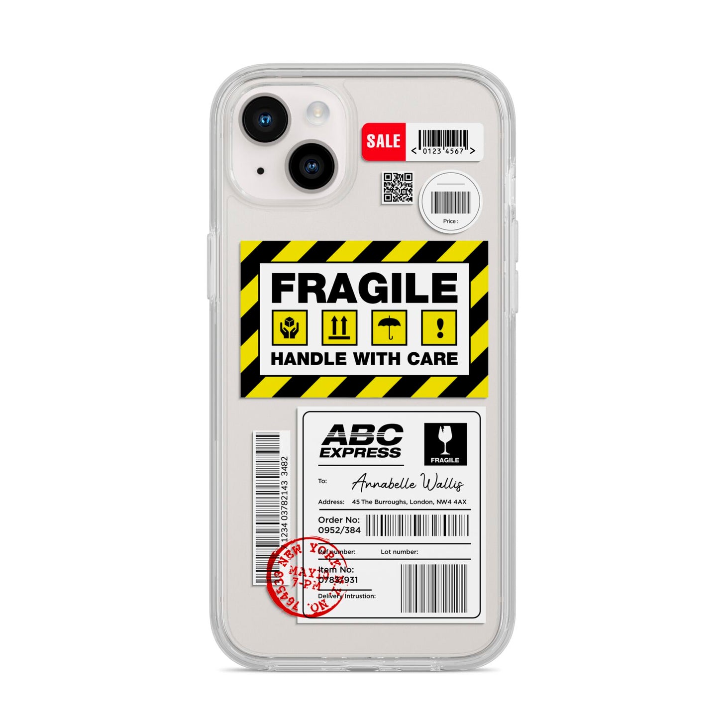 Fragile Courier Labels with Name iPhone 14 Plus Clear Tough Case Starlight