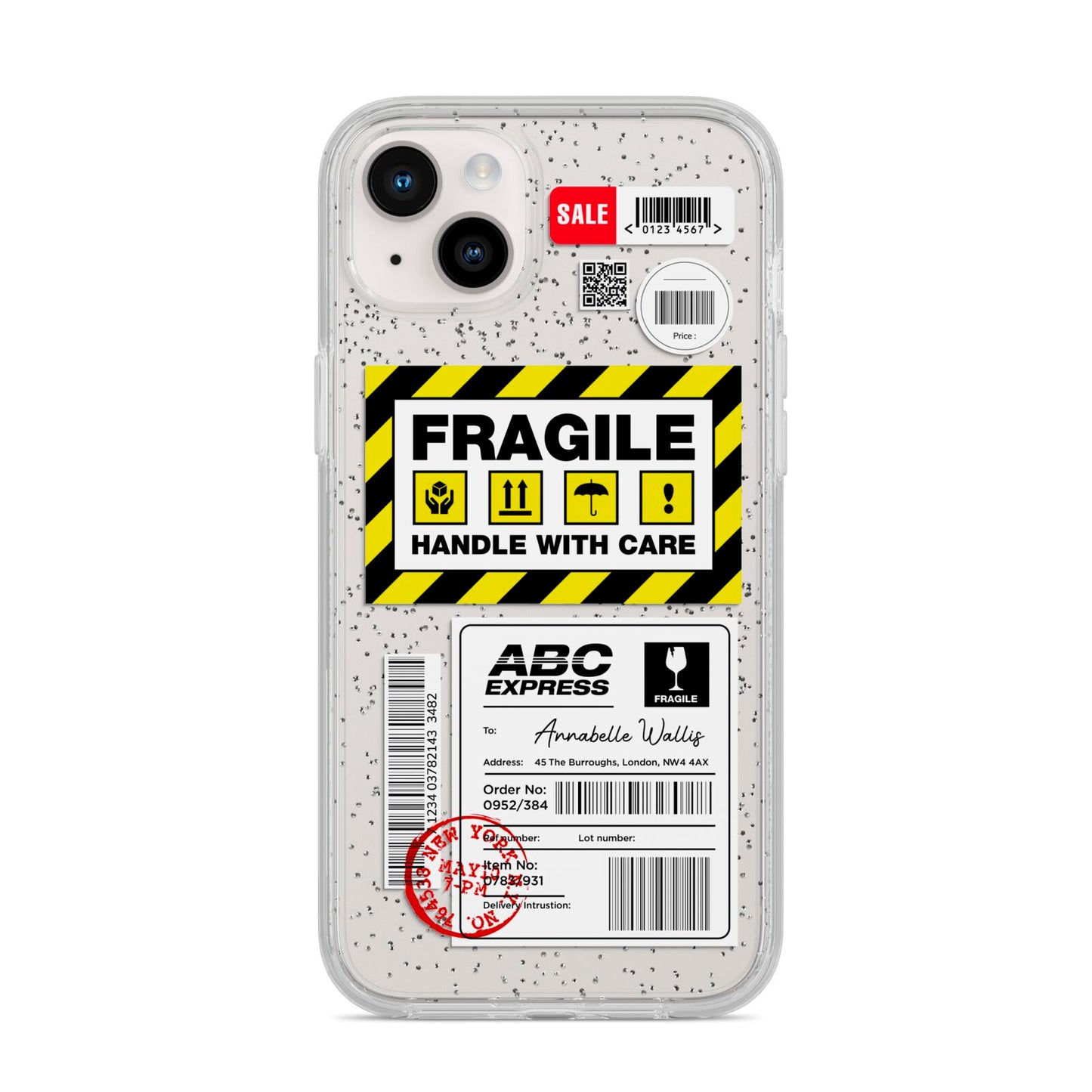 Fragile Courier Labels with Name iPhone 14 Plus Glitter Tough Case Starlight