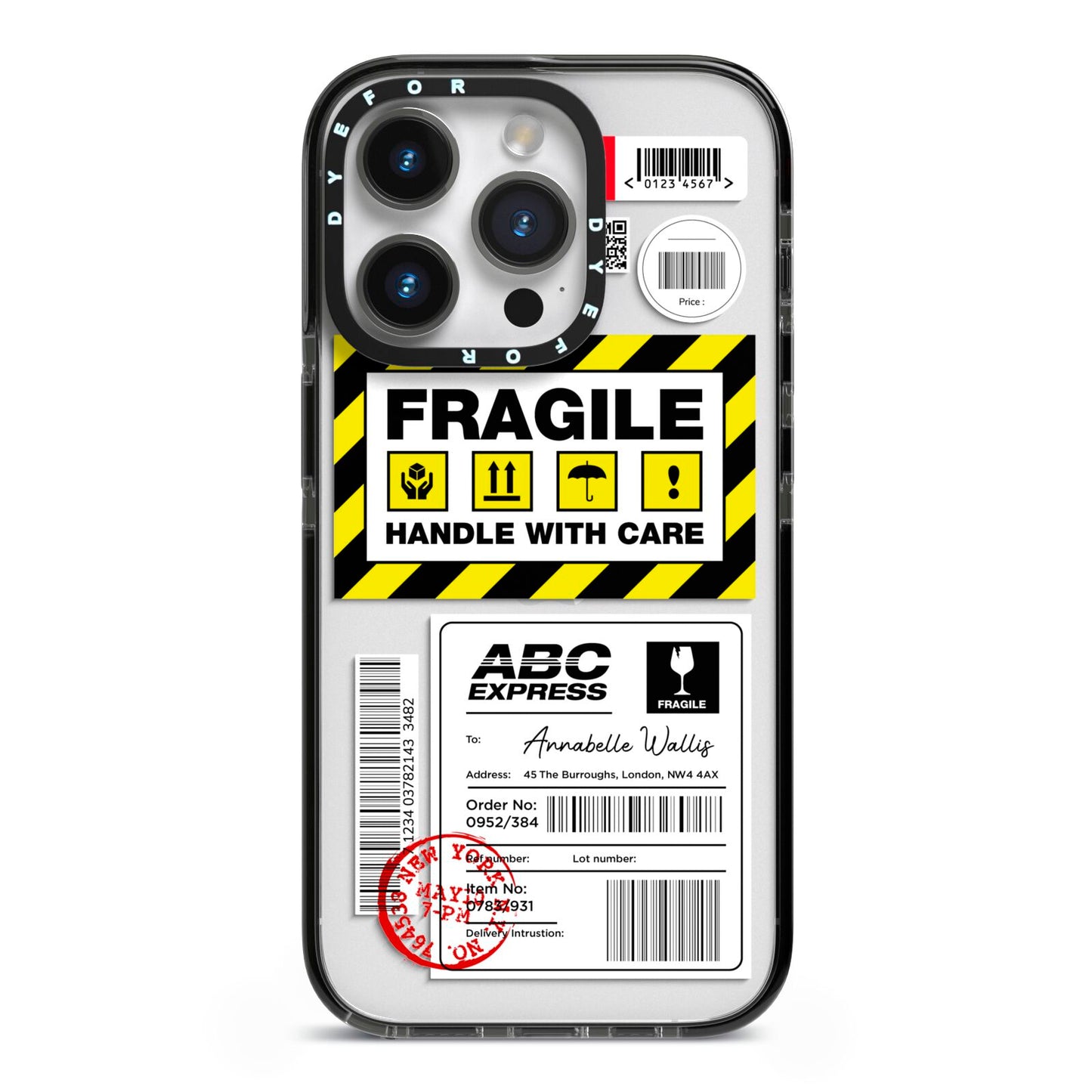 Fragile Courier Labels with Name iPhone 14 Pro Black Impact Case on Silver phone