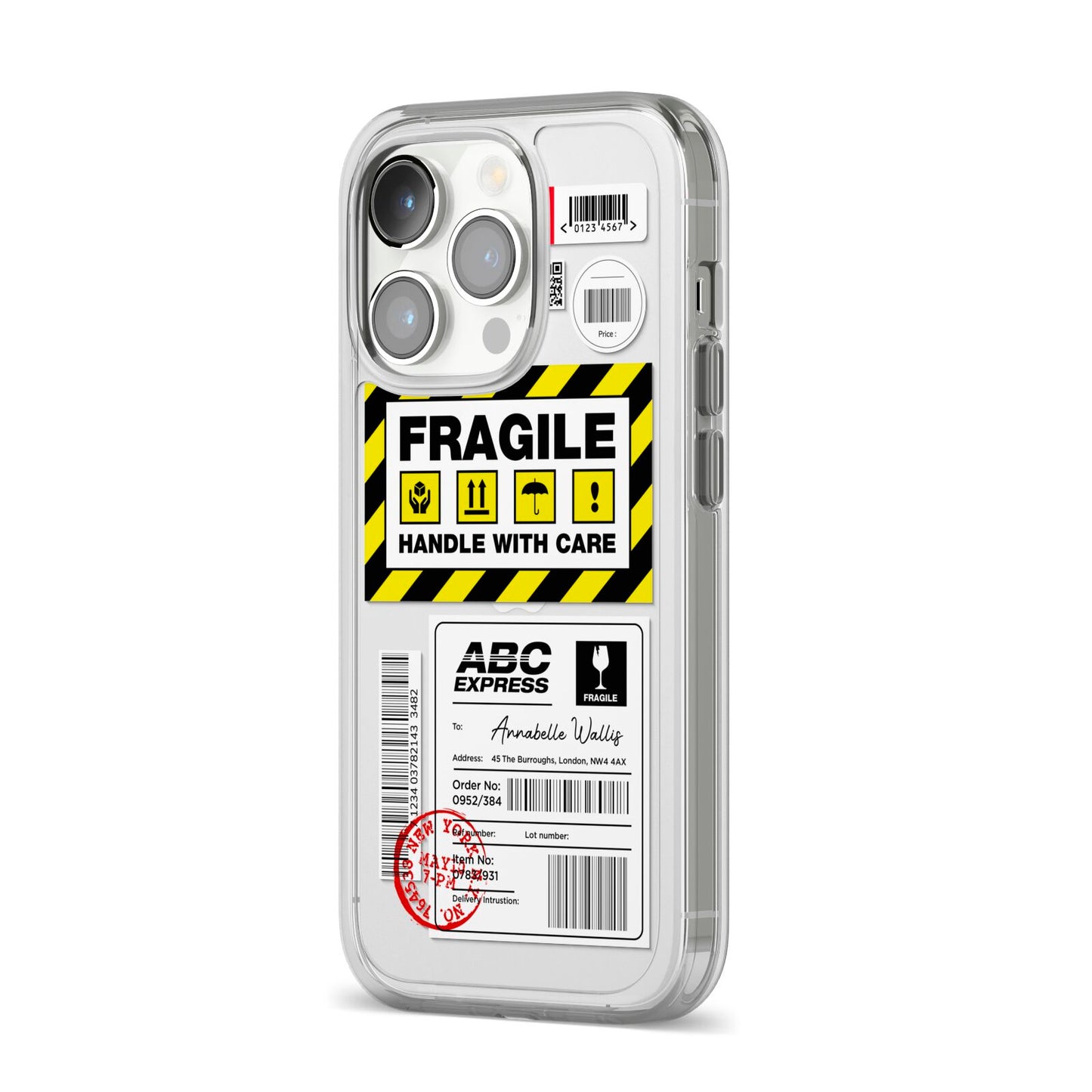 Fragile Courier Labels with Name iPhone 14 Pro Clear Tough Case Silver Angled Image