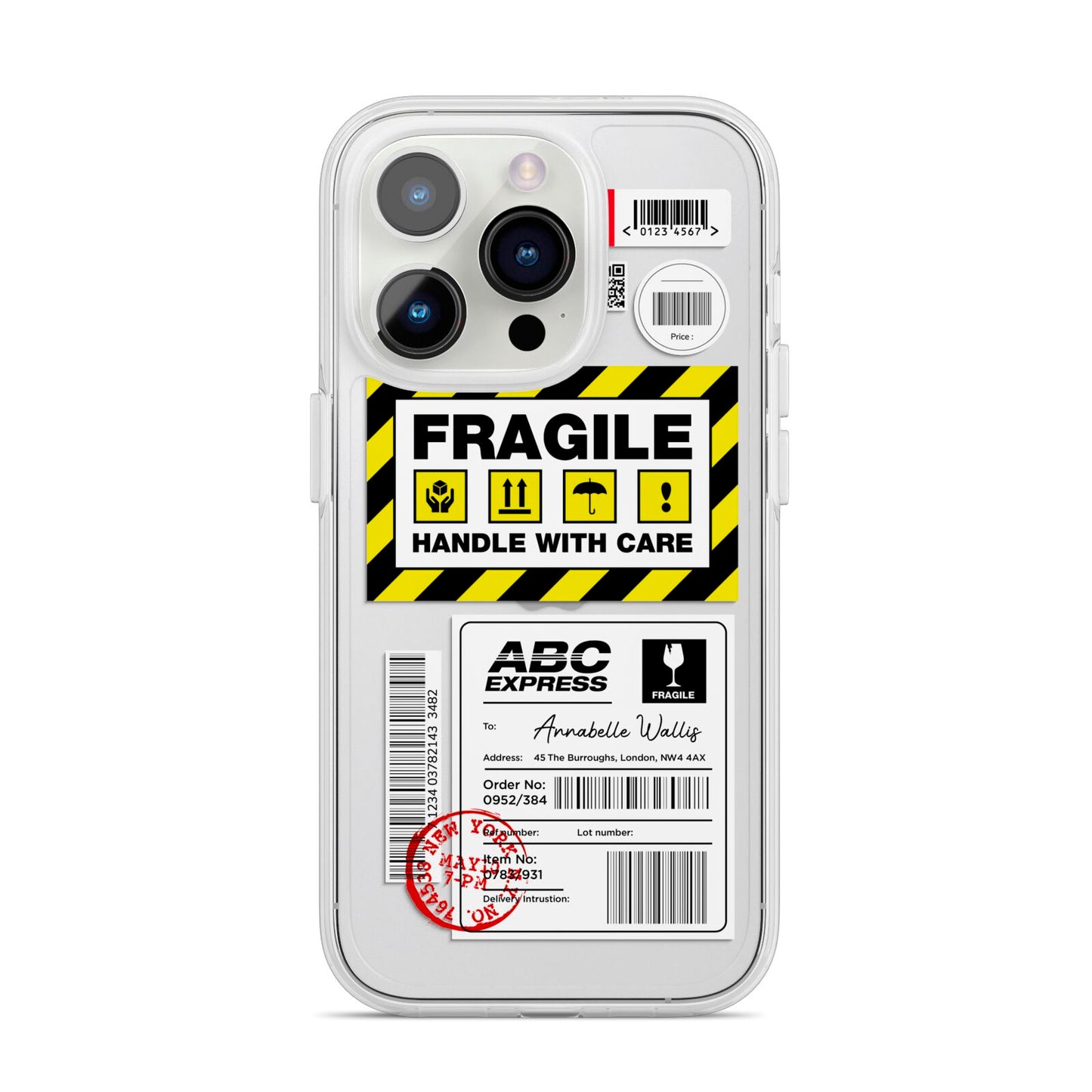 Fragile Courier Labels with Name iPhone 14 Pro Clear Tough Case Silver