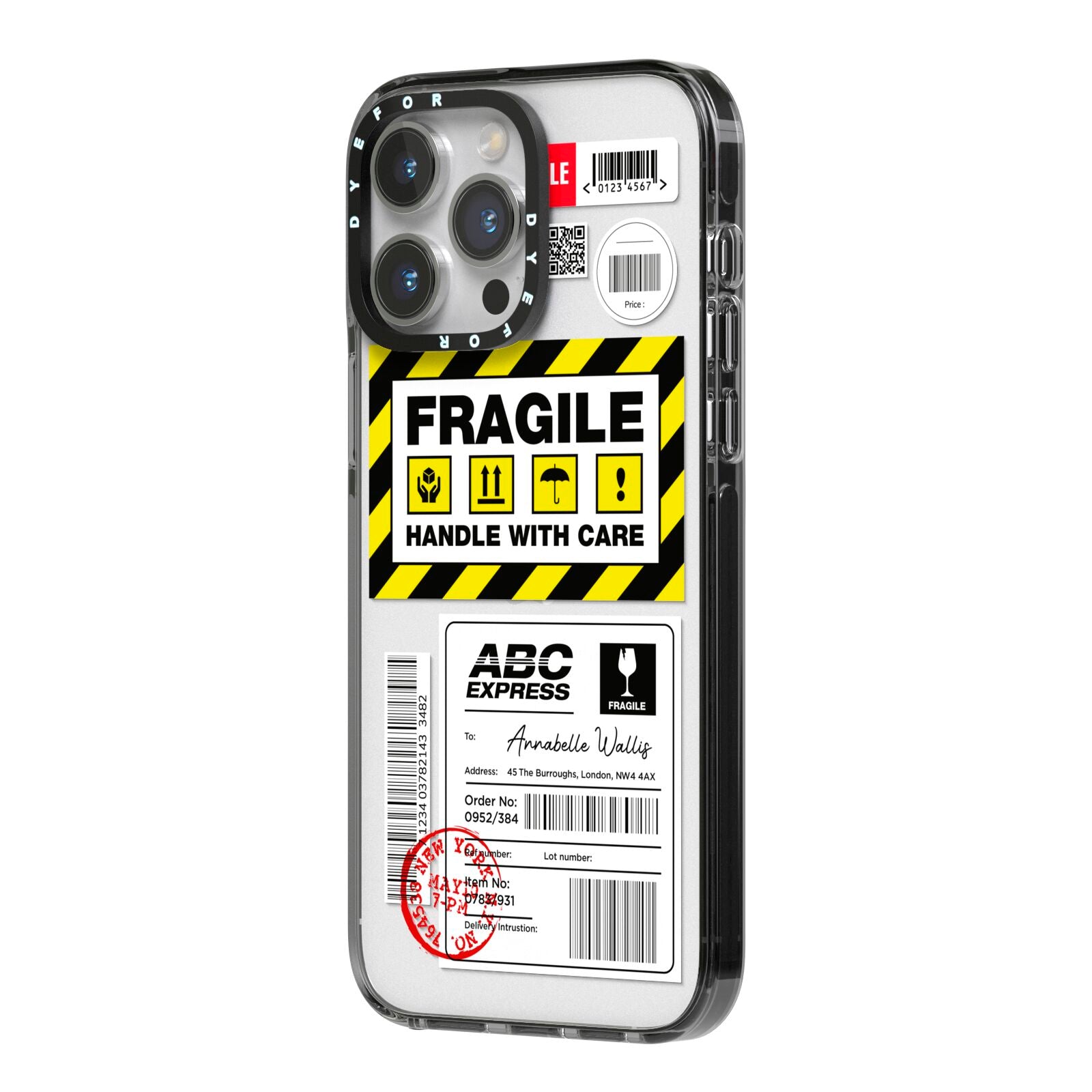 Fragile Courier Labels with Name iPhone 14 Pro Max Black Impact Case Side Angle on Silver phone