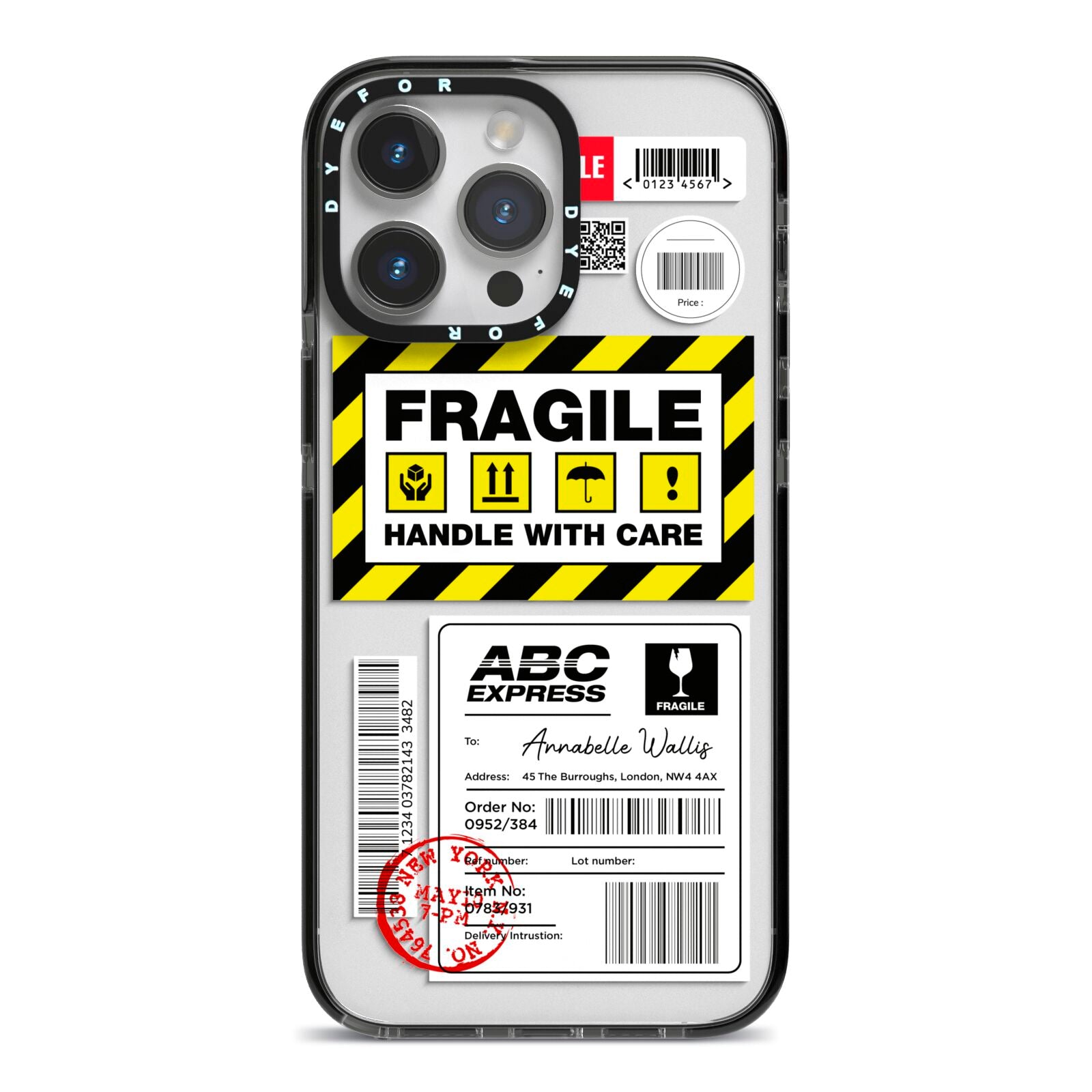 Fragile Courier Labels with Name iPhone 14 Pro Max Black Impact Case on Silver phone