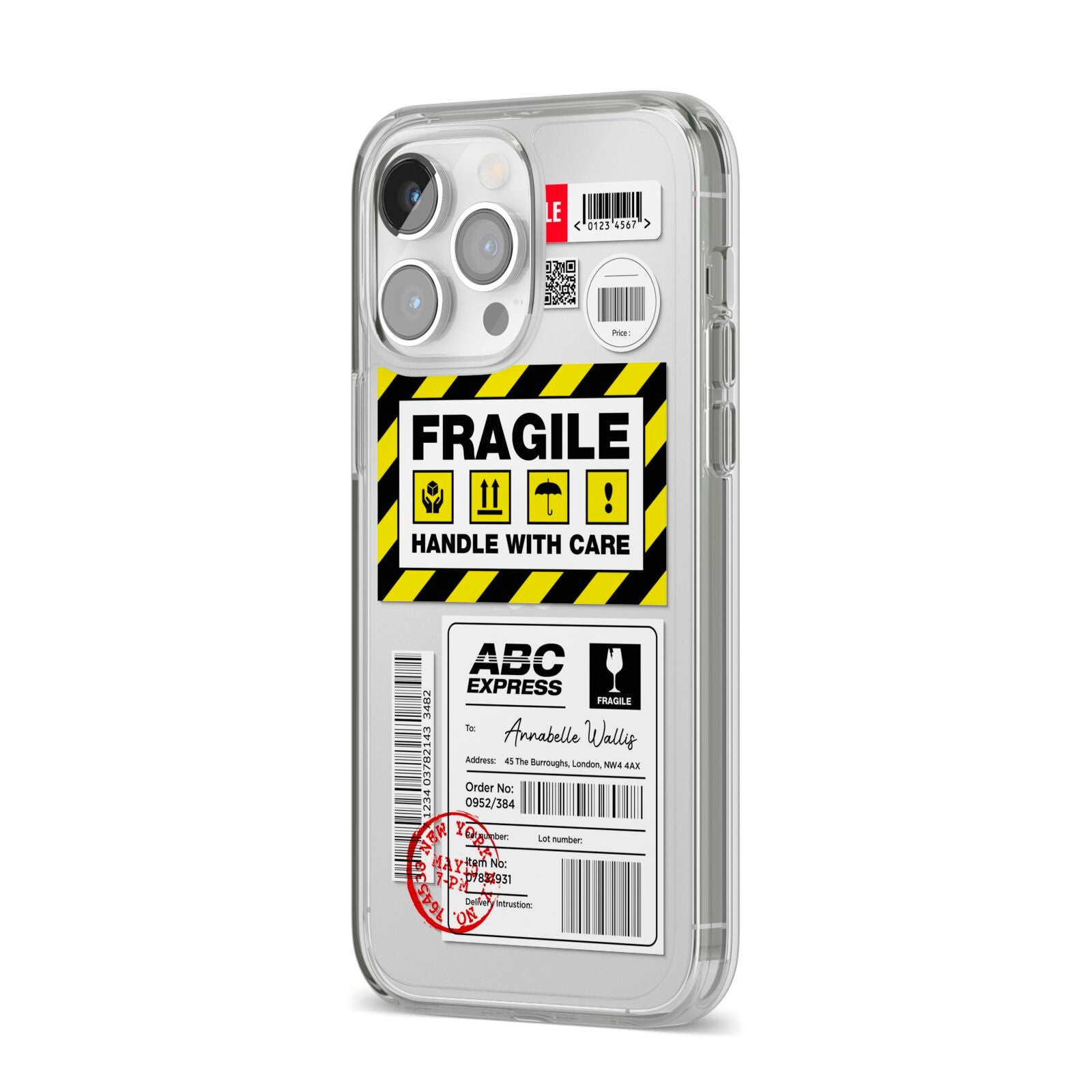 Fragile Courier Labels with Name iPhone 14 Pro Max Clear Tough Case Silver Angled Image