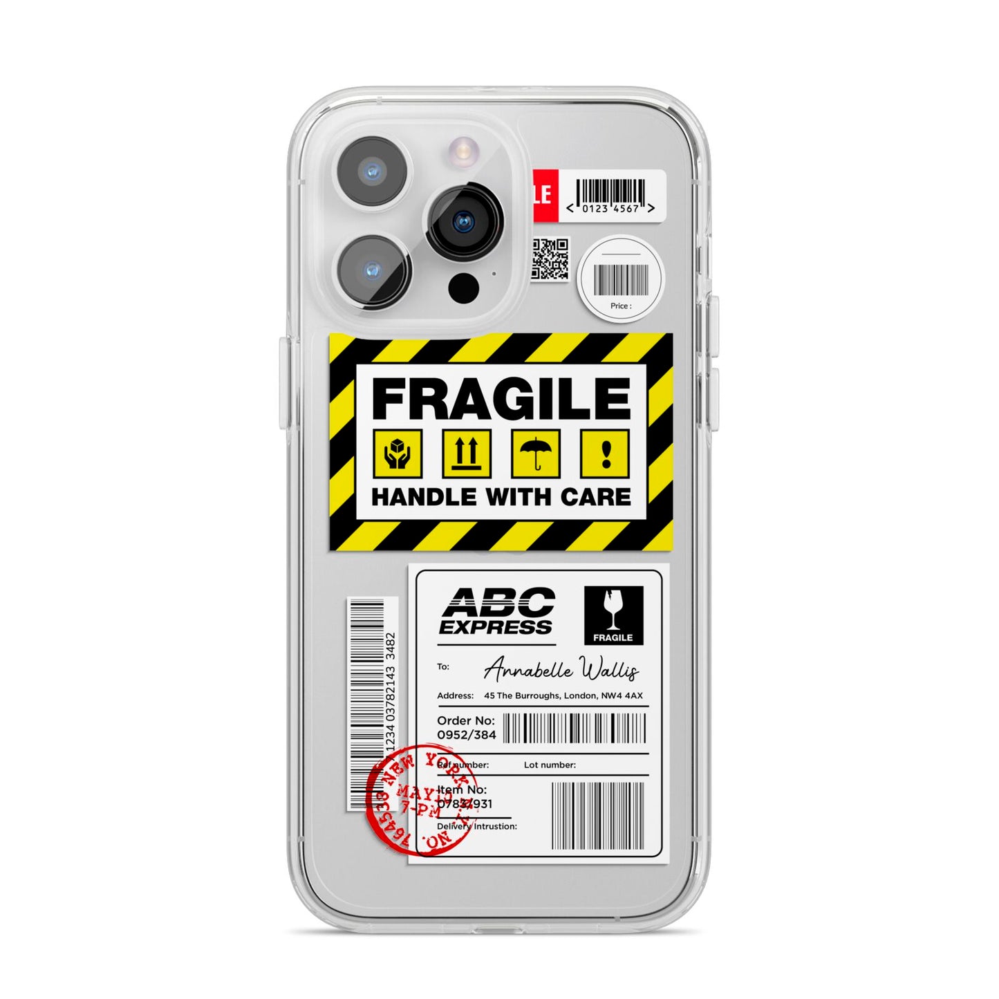 Fragile Courier Labels with Name iPhone 14 Pro Max Clear Tough Case Silver