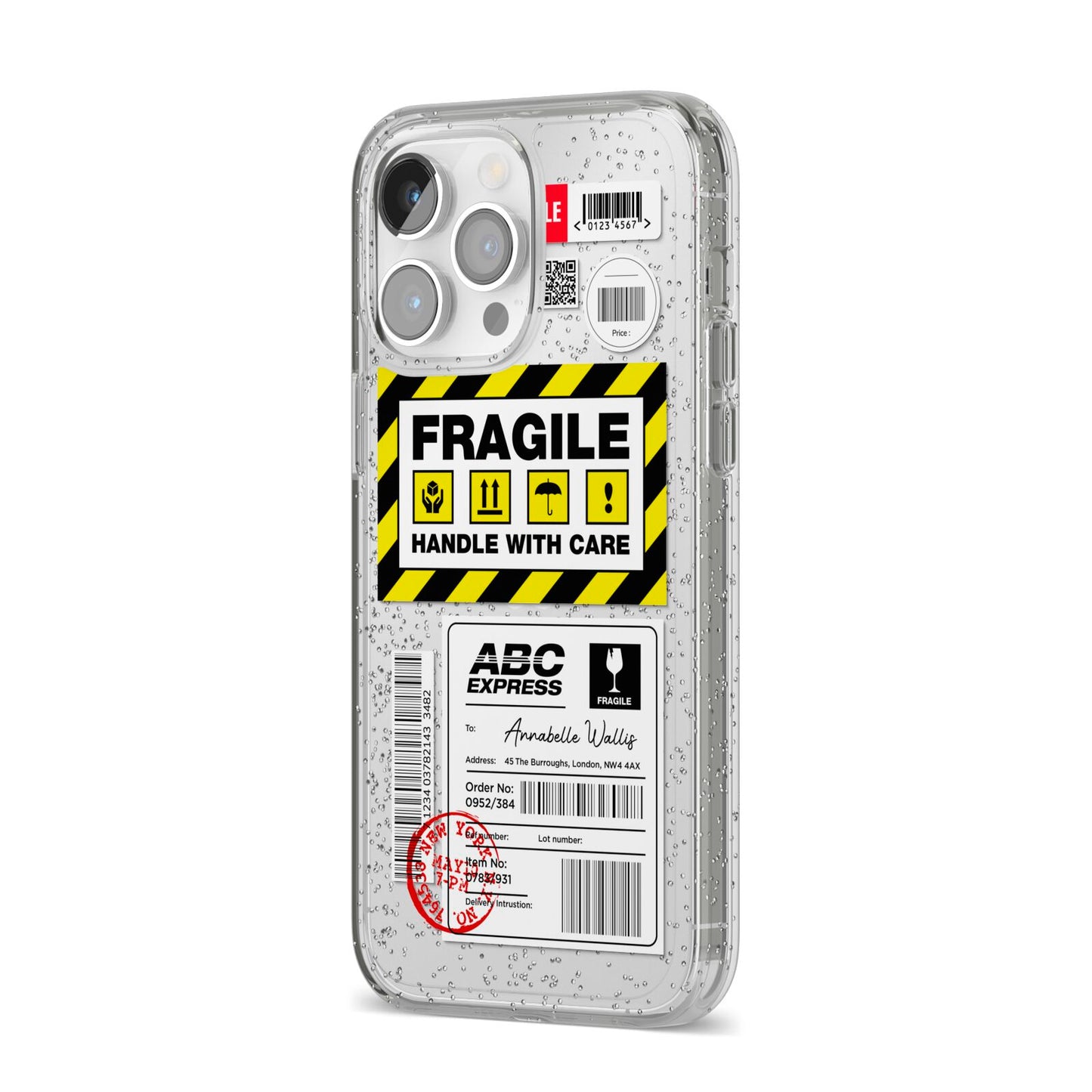 Fragile Courier Labels with Name iPhone 14 Pro Max Glitter Tough Case Silver Angled Image