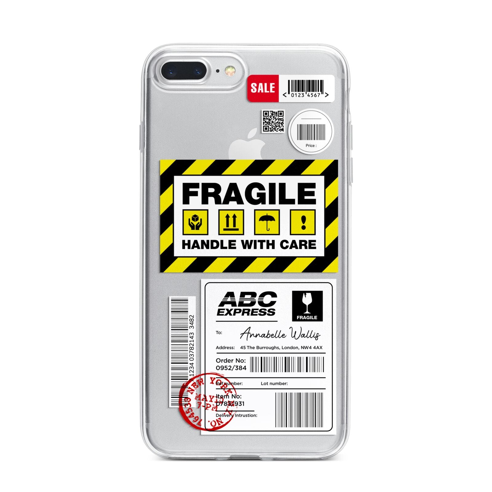 Fragile Courier Labels with Name iPhone 7 Plus Bumper Case on Silver iPhone