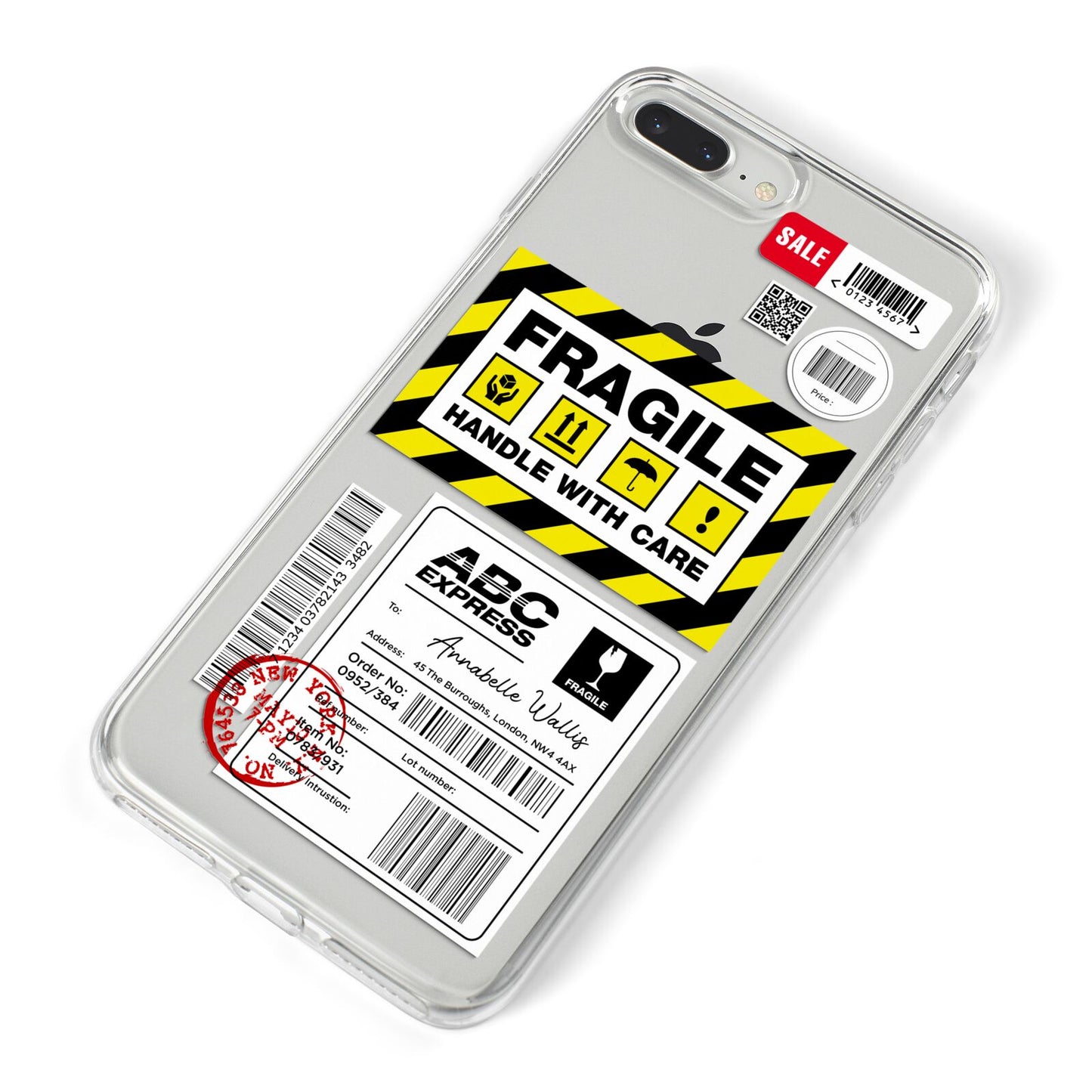 Fragile Courier Labels with Name iPhone 8 Plus Bumper Case on Silver iPhone Alternative Image