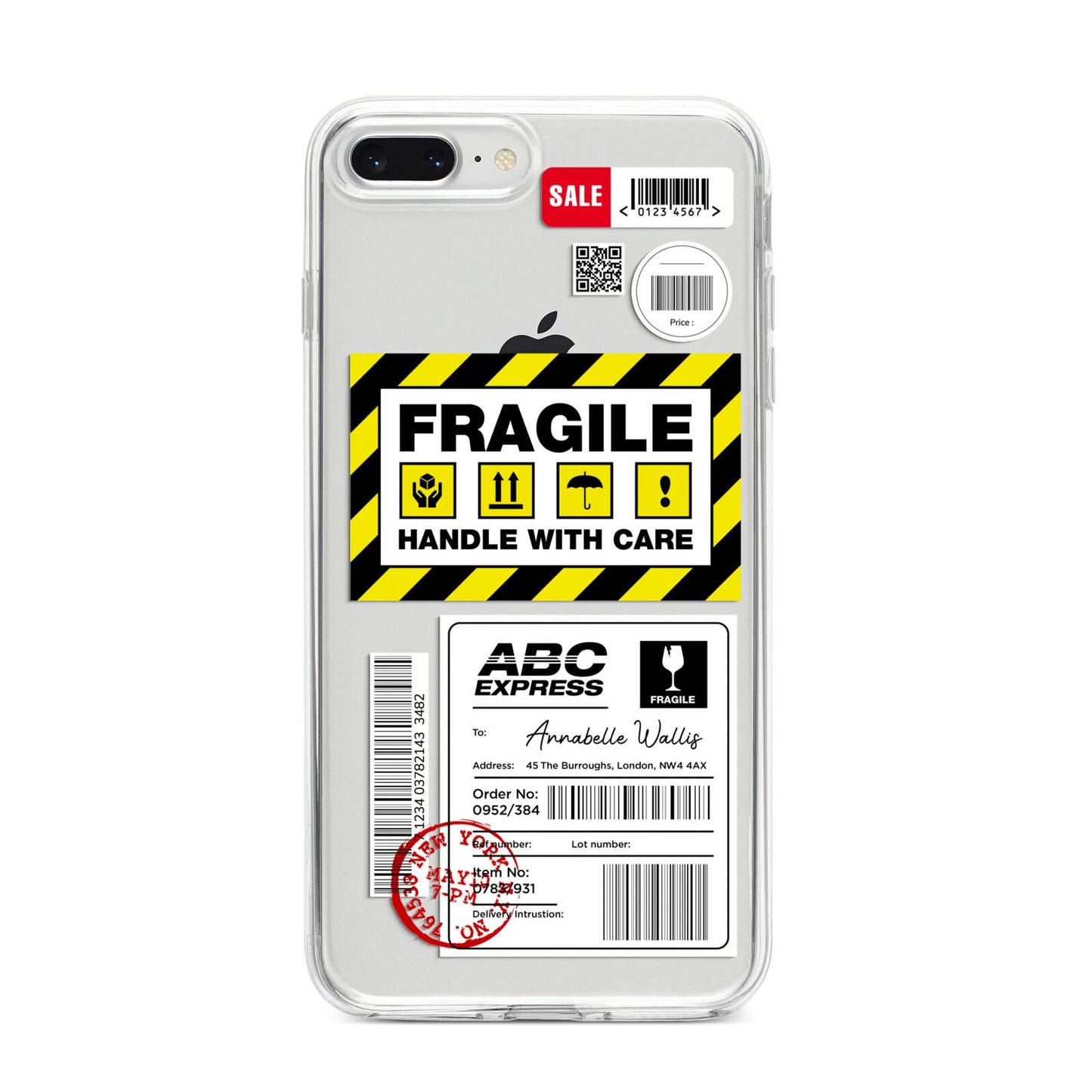 Fragile Courier Labels with Name iPhone 8 Plus Bumper Case on Silver iPhone