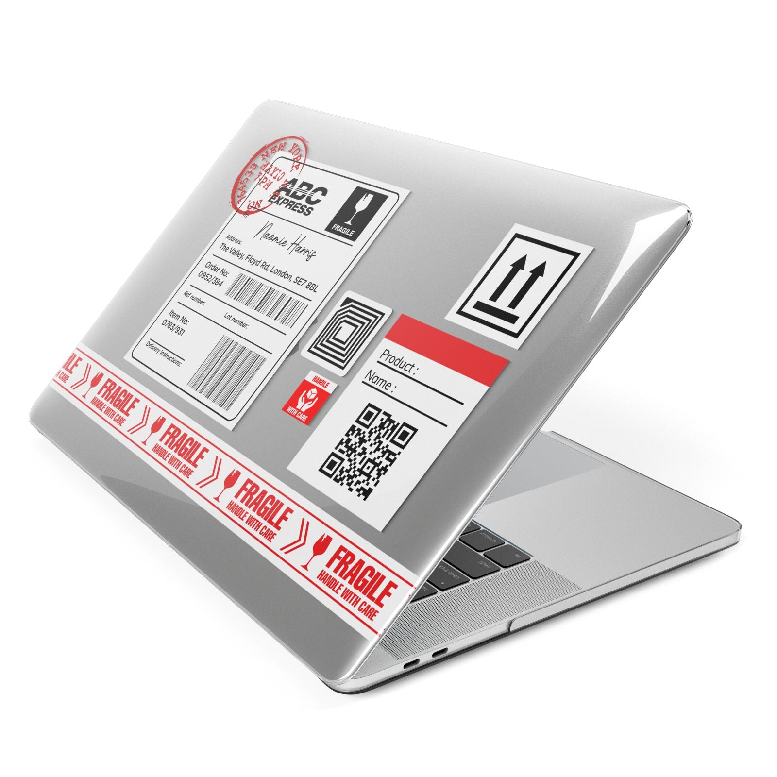 Fragile Delivery Labels with Name Apple MacBook Case Side View