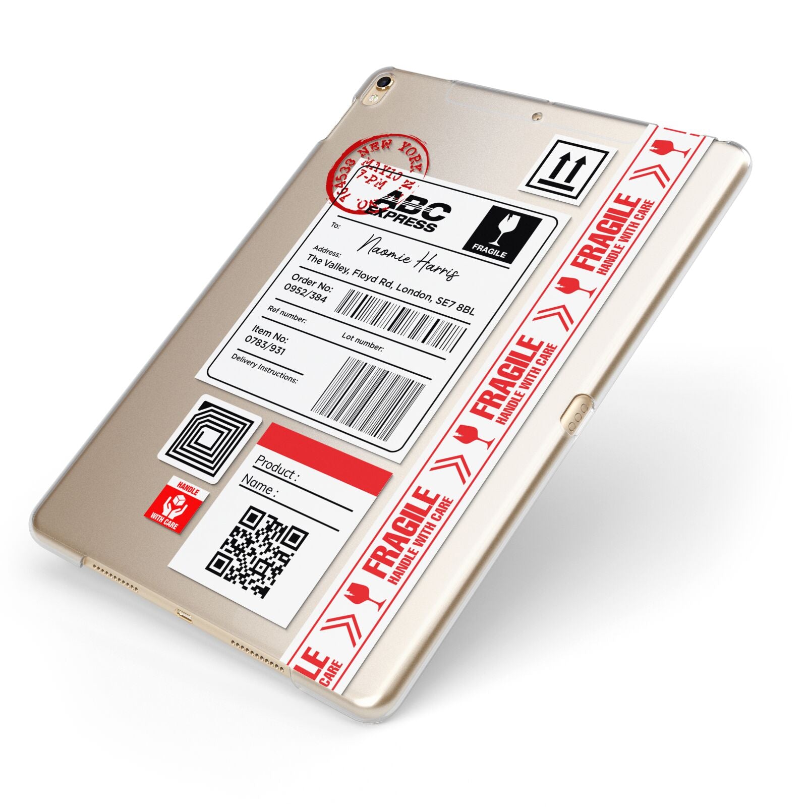 Fragile Delivery Labels with Name Apple iPad Case on Gold iPad Side View