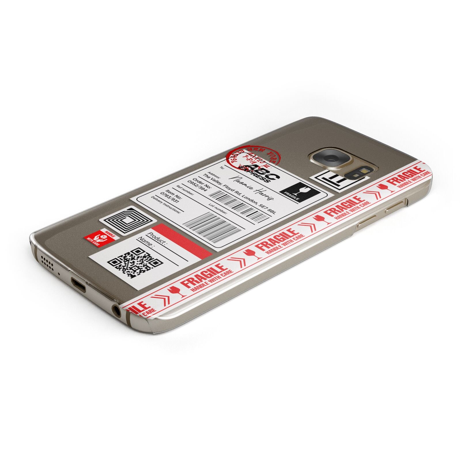 Fragile Delivery Labels with Name Protective Samsung Galaxy Case Angled Image