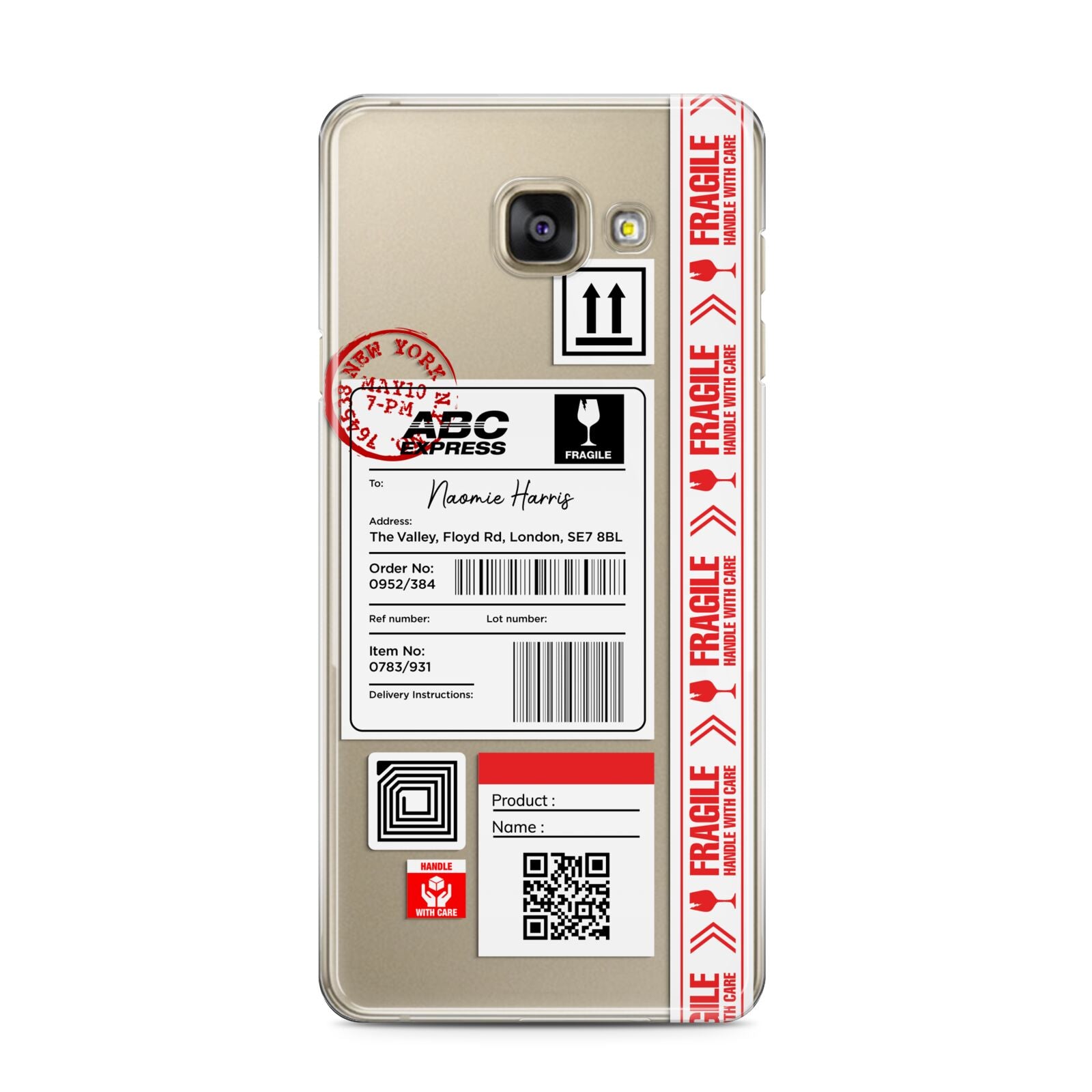 Fragile Delivery Labels with Name Samsung Galaxy A3 2016 Case on gold phone