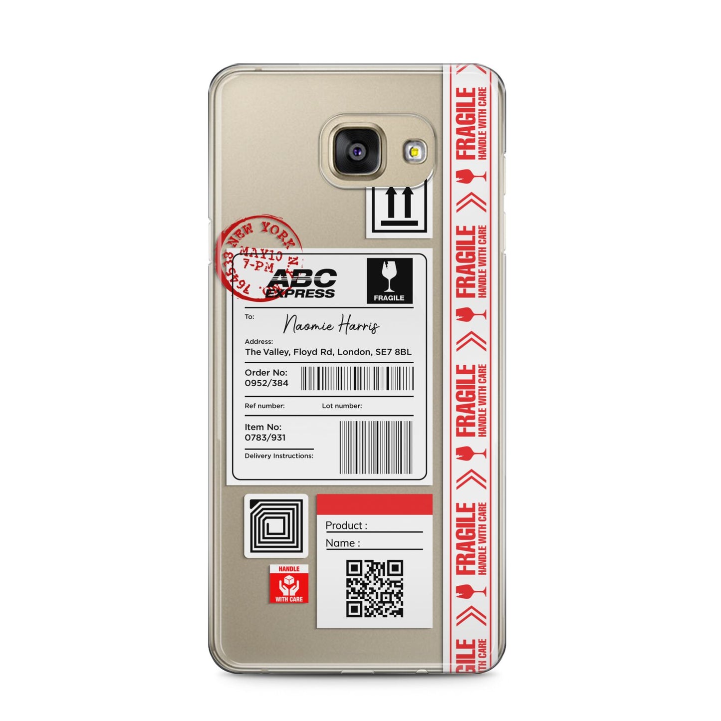 Fragile Delivery Labels with Name Samsung Galaxy A5 2016 Case on gold phone