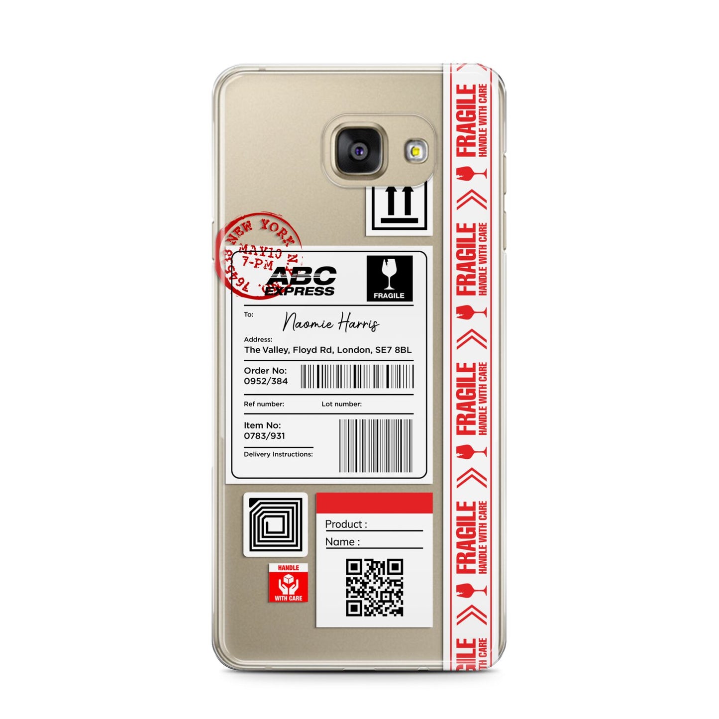 Fragile Delivery Labels with Name Samsung Galaxy A7 2016 Case on gold phone