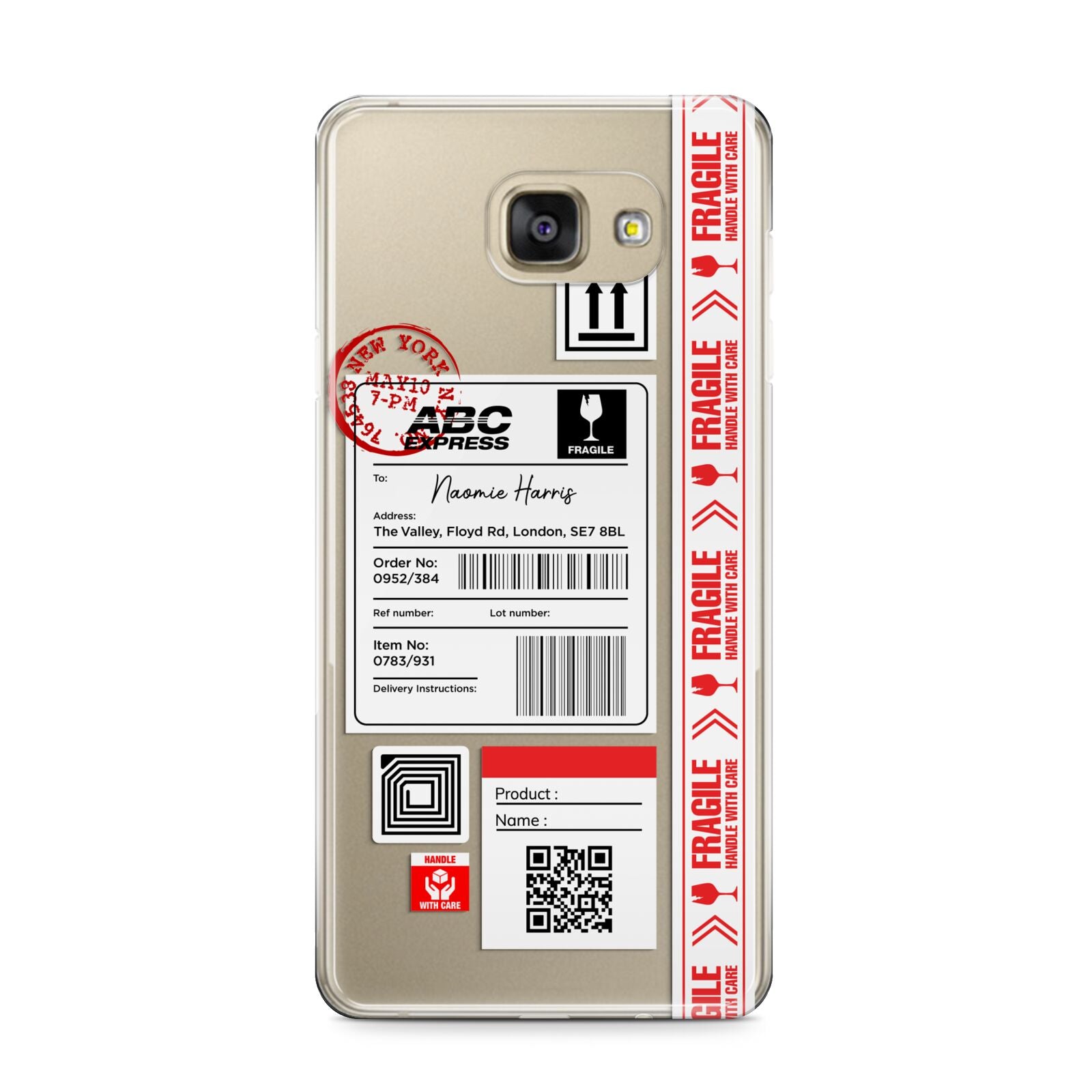 Fragile Delivery Labels with Name Samsung Galaxy A9 2016 Case on gold phone