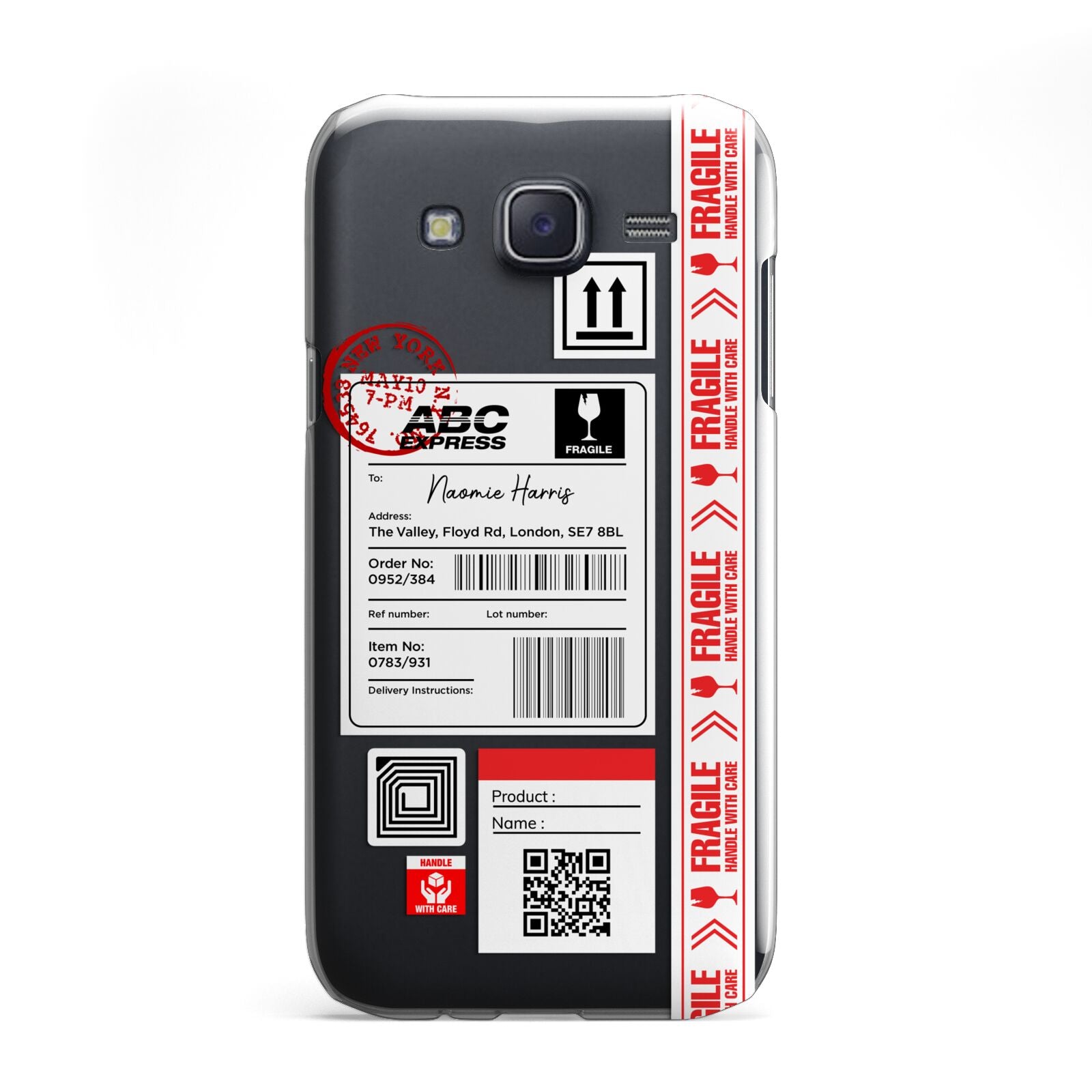 Fragile Delivery Labels with Name Samsung Galaxy J5 Case