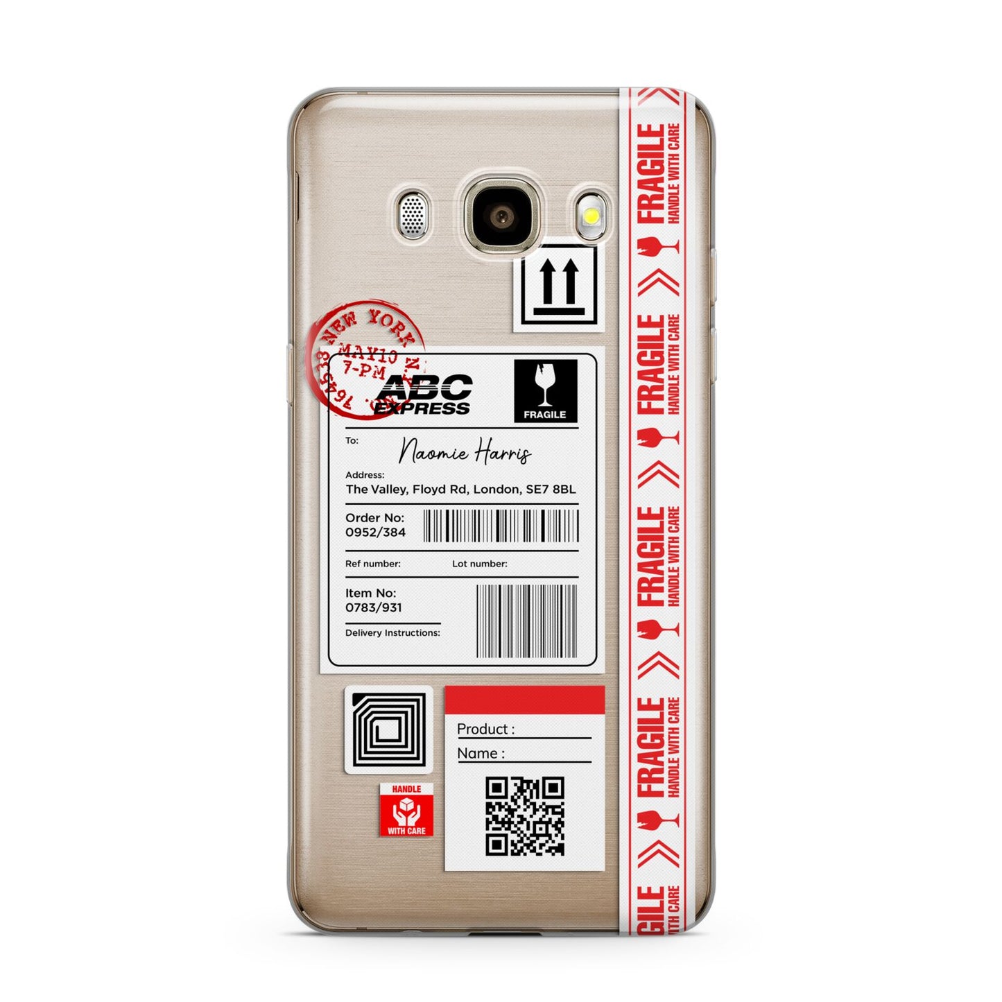 Fragile Delivery Labels with Name Samsung Galaxy J7 2016 Case on gold phone