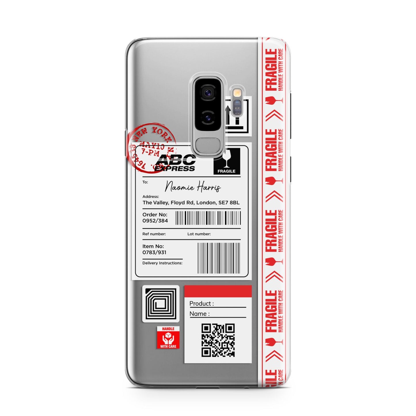 Fragile Delivery Labels with Name Samsung Galaxy S9 Plus Case on Silver phone