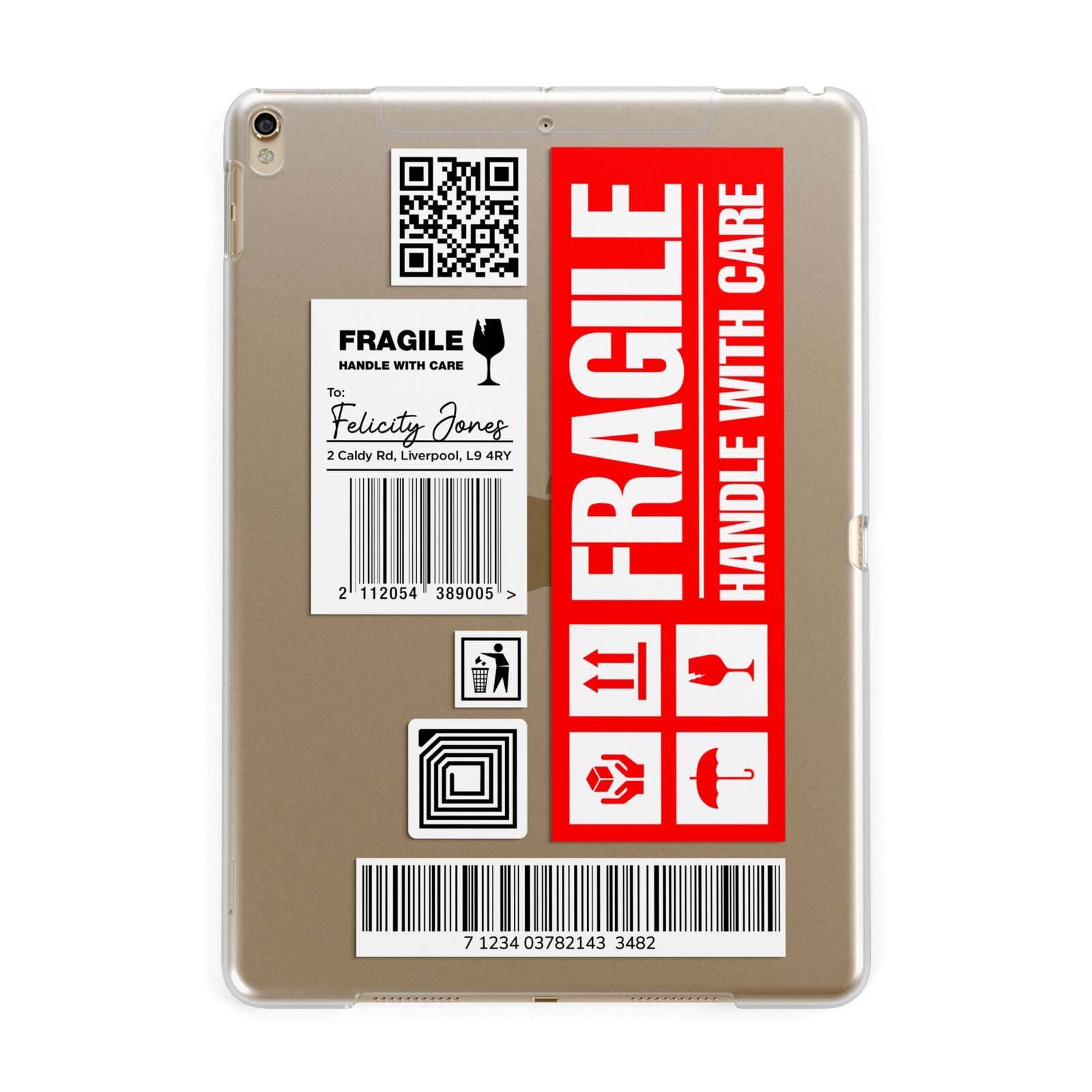 Fragile Parcel Labels with Name Apple iPad Gold Case